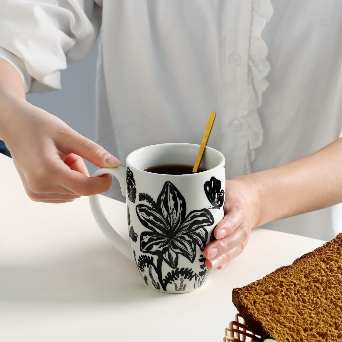 16oz Black and White Boho Floral Mug - Unique Coffee Mugs and Tea Cup, Novelty Ceramic Cups Gifts for Women and Men.