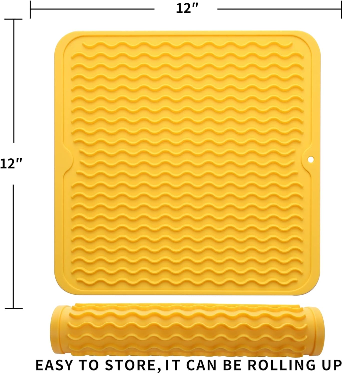 Silicone Dish Drying Mat for Multiple Usage,Easy clean,Eco-friendly,Heat-resistant Silicone Mat for Kitchen Counter or Sink,Refrigerator or Drawer liner Yellow M 12 inches x 12 inches