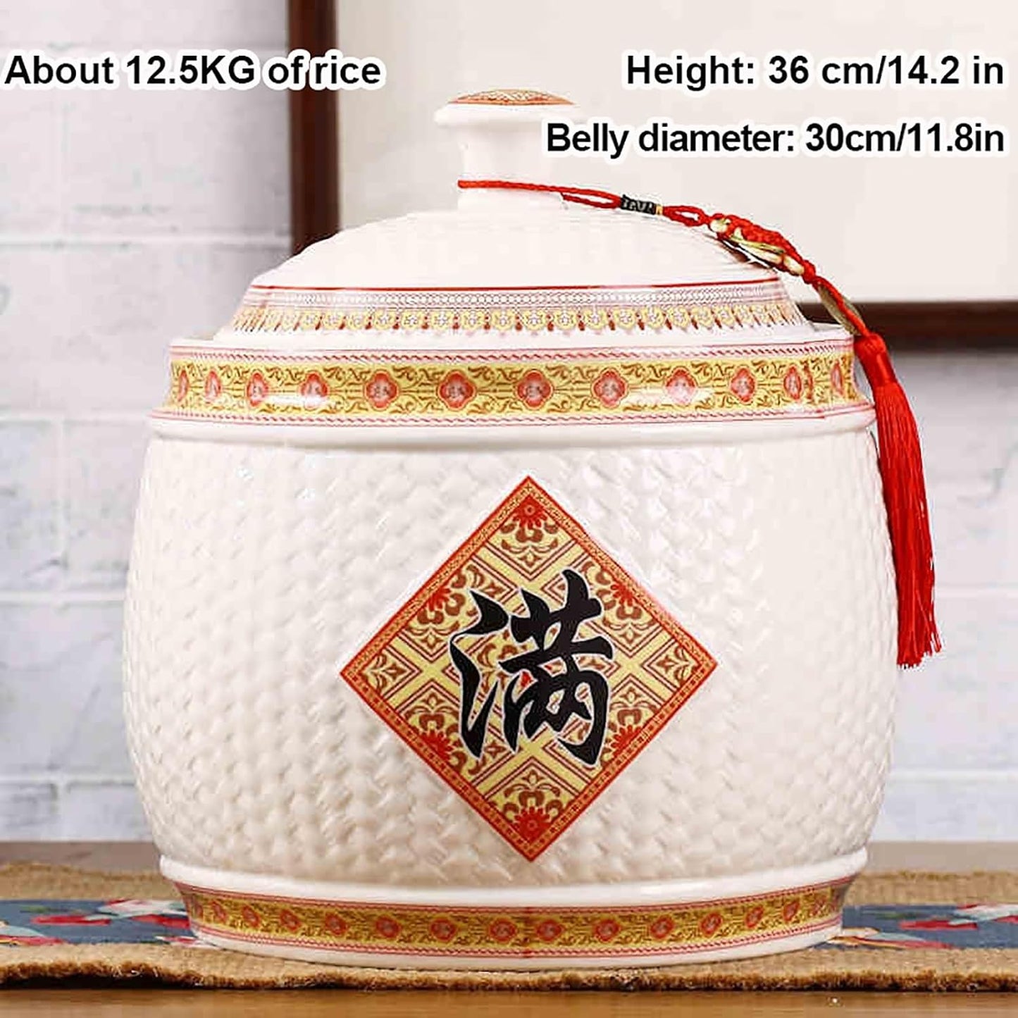 Chinese Sealed Large-Capacity Rice Pot, Ceramic Rice Bucket With Tassel Design, Grain Storage Ceramic Container, Rice Dispenser Airtight Storage Bucket For Grains Snacks Candy Coffee Beans Food(B,Capa
