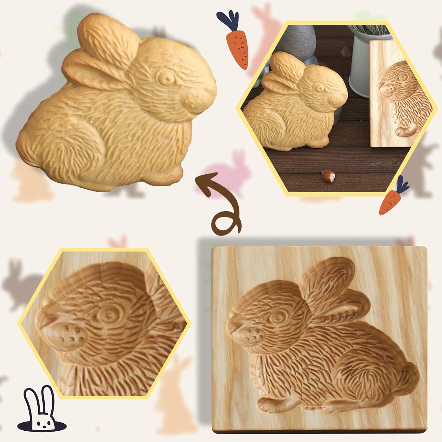 Wooden Cookie Biscuit Mold, 3D Baking Mold, Embossing Craft Decorating Baking Tool, Suitable for Halloween Thanksgiving Christmas Kitchen DIY (Rabbit 10 * 10 * 2)