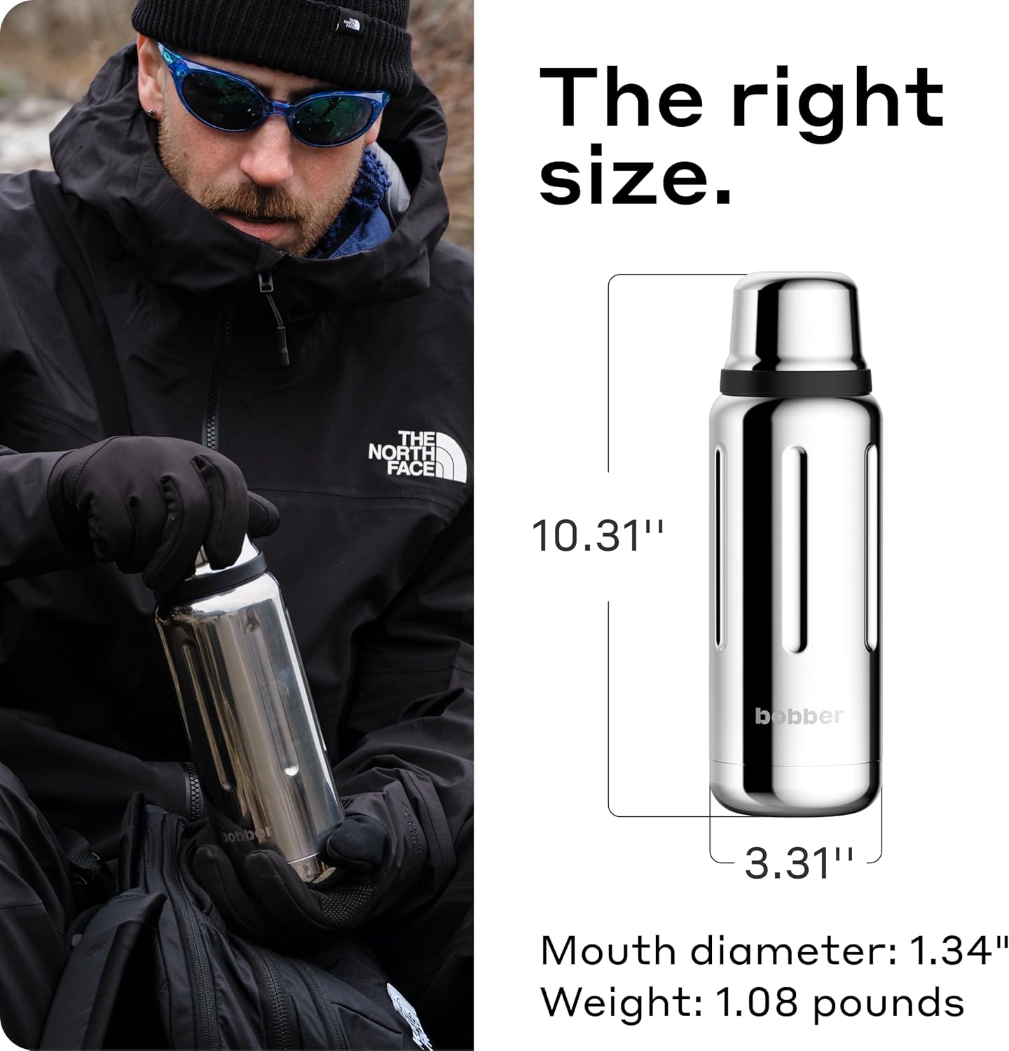 BOBBER 26 oz Stainless Steel Thermos Bottle with Cup Lid – BPA-Free, Dishwasher Safe Vacuum Insulated Metal Water Bottle – Keeps Hot for 36 Hours, Cold for 54 Hours (Glossy)