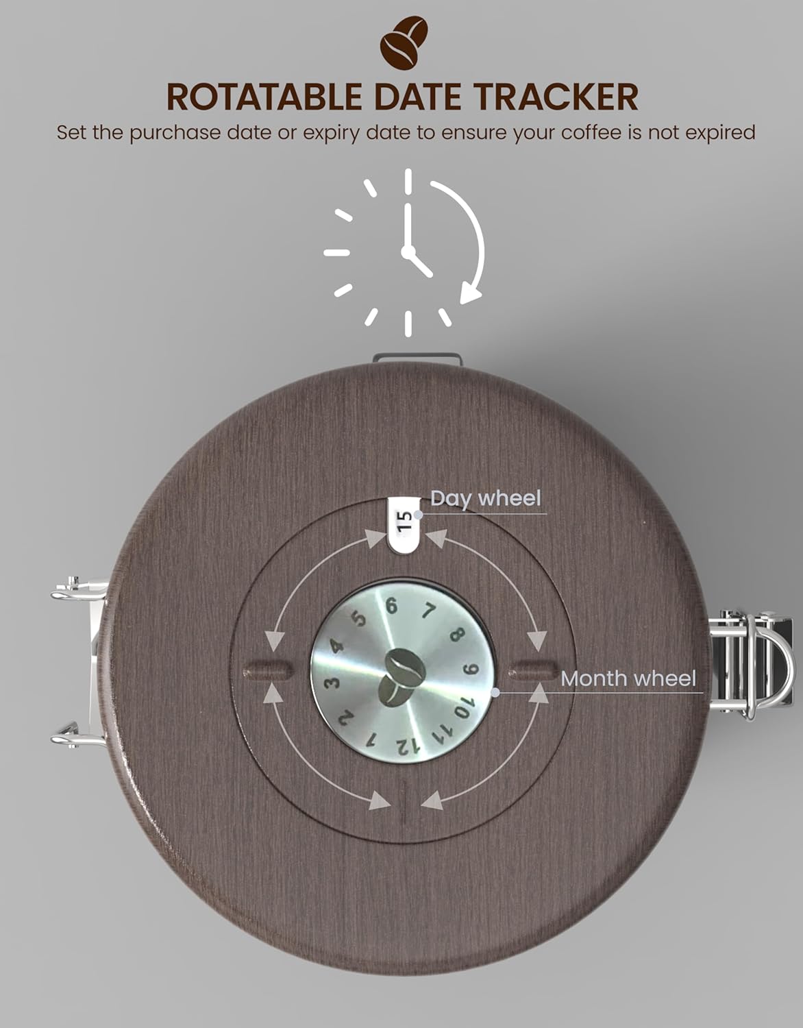 HAIOOU Airtight Coffee Canister Wood Grain [New Version], 22OZ Large Stainless Steel Coffee Bean Storage Container with Date Tracker, Measuring Scoop, CO2 Releasing Valves - Walnut and Gray