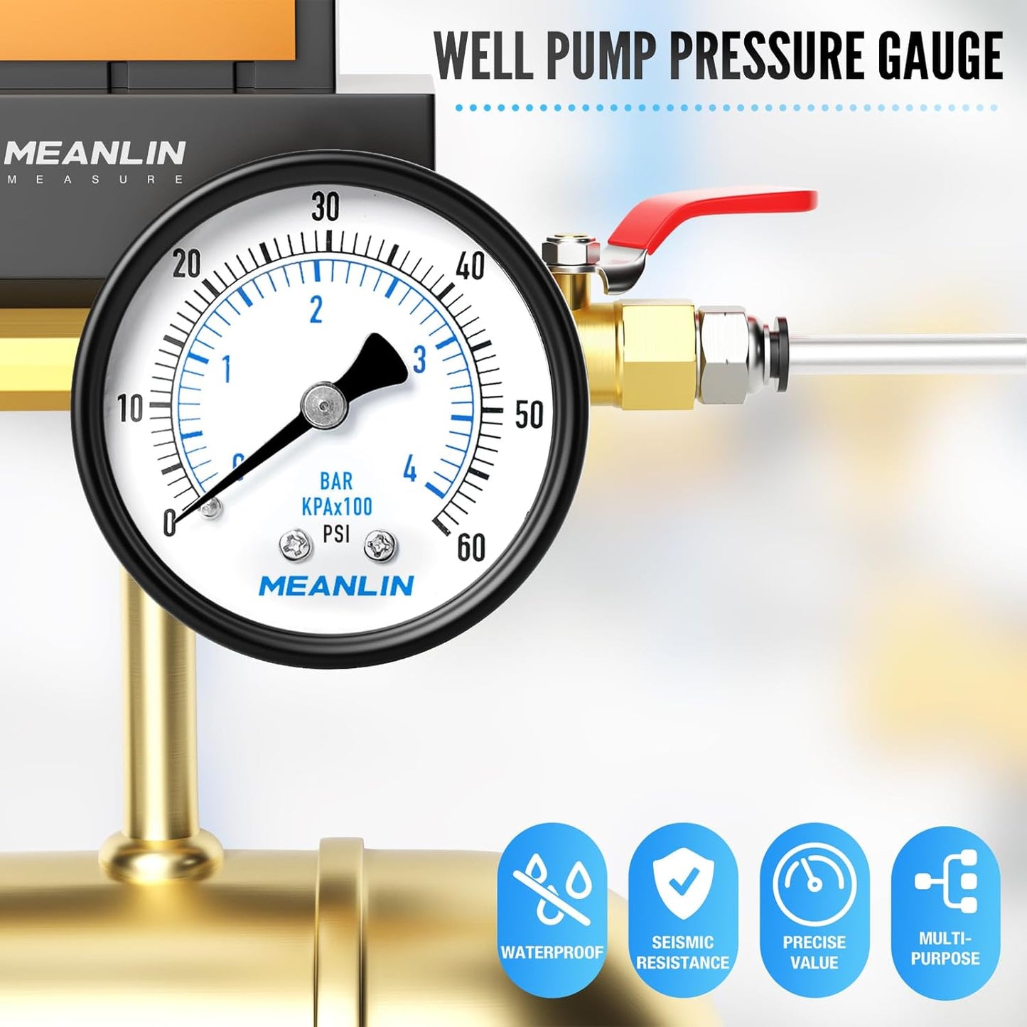 MEANLIN MEASURE 0-60Psi Well Pump Pressure Gauge 1/4" NPT 2" FACE DIAL for Pool Filter Pump Water Oil Air Compressor Tire Pressure Tester Back Mount, with Teflon Tape