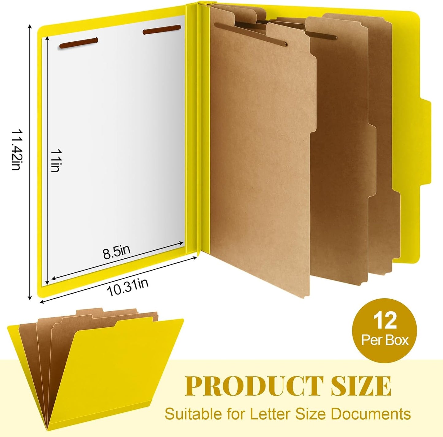 12 Pcs Classification Folders Letter Size, Back to School Supply for Teacher, Student, 3 Dividers Pressboard File Folder Bulk with 2 Fasteners, 3.5 Inch Expanding File Organizer (Yellow)