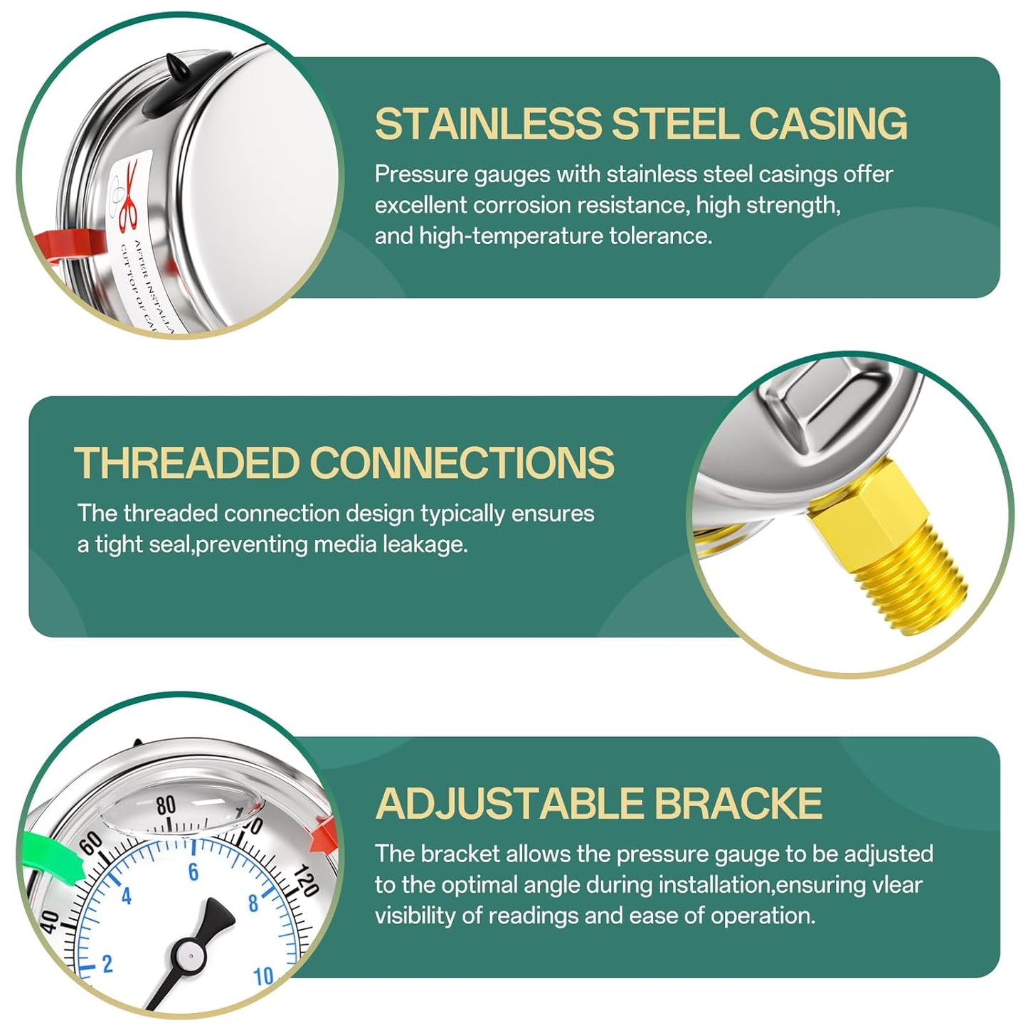 0-160psi Stainless Steel 1/4" NPT 2.5" Dial, Glycerin Liquid Filled Pressure Gauge Lower Mount Designed for Pressure Testing of Water, Oil and Air (with Range Mark Pointer)