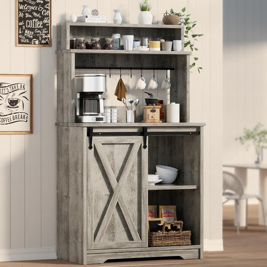 Farmhouse Coffee Bar with 3 Tier Storage Hutch, 56 Inch Small Coffee Station with 6 Hooks, Corner Bar Table with Adjustable Shelves for Living Dining Room (Grey)
