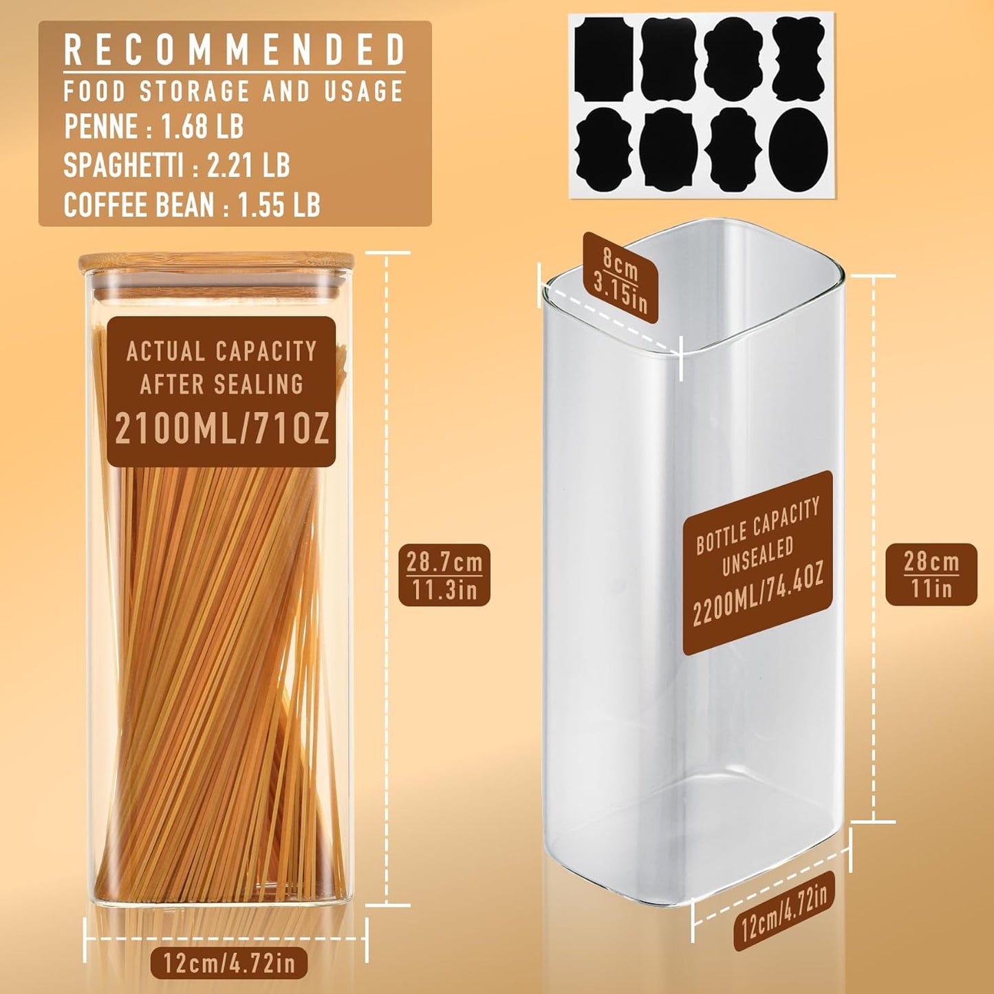 71oz Rectangle Airtight Glass Storage Containers with Bamboo Lids (Set of 4), Square Food Storage Jar, Pantry Organizers for Sugar, Flour, Spaghetti and Coffee beans (‎with Black Lable)