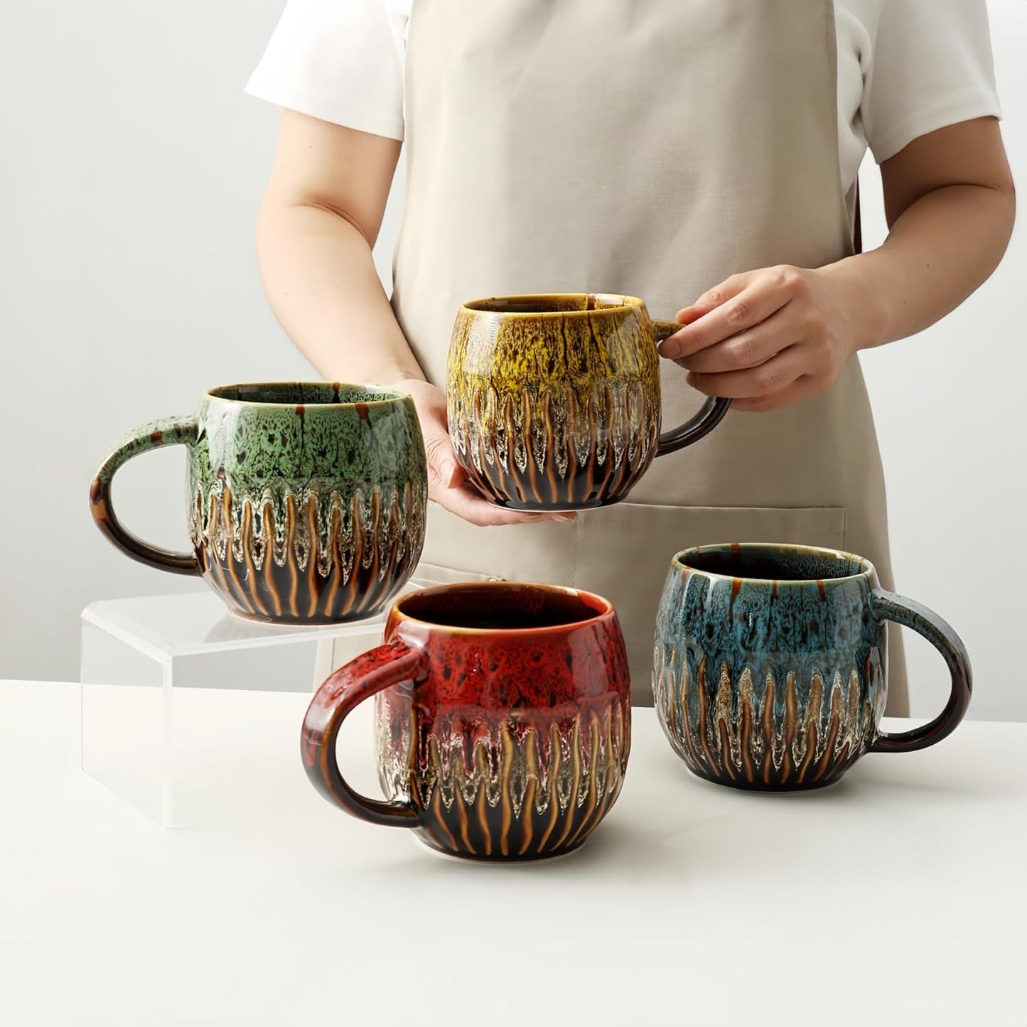20oz Raku Glaze Coffee Mug - Unique Handcrafted Look Ceramic Cup, Large Tea Mug, Microwave & Dishwasher Safe (green)