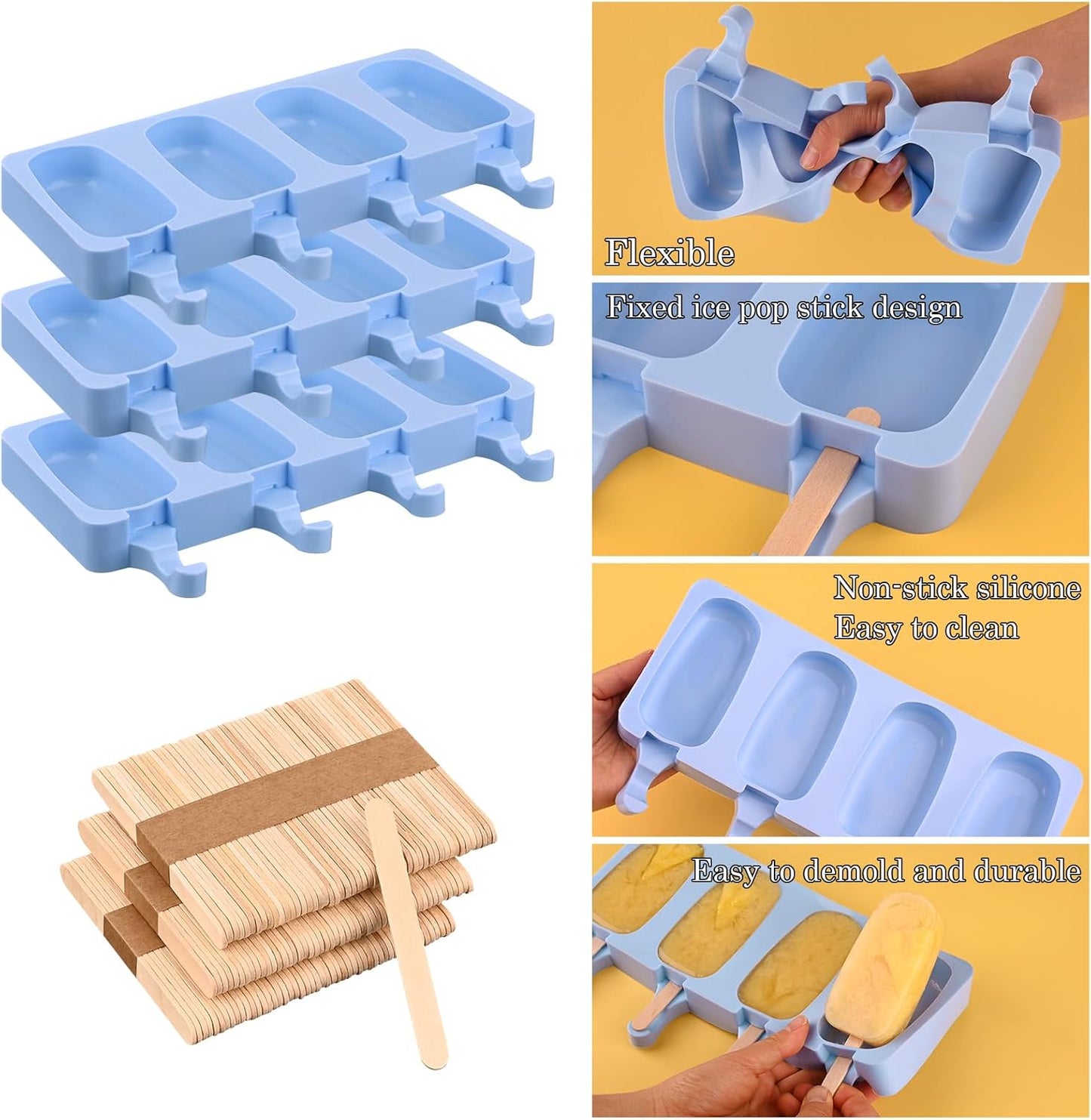Sakolla Silicone Popsicle Molds Set of 3, Large Oval 4 Cavities Homemade Ice Pop Molds with 150 Wooden Sticks for Ice Cream, Cakesicles, Cake Pop (Blue)
