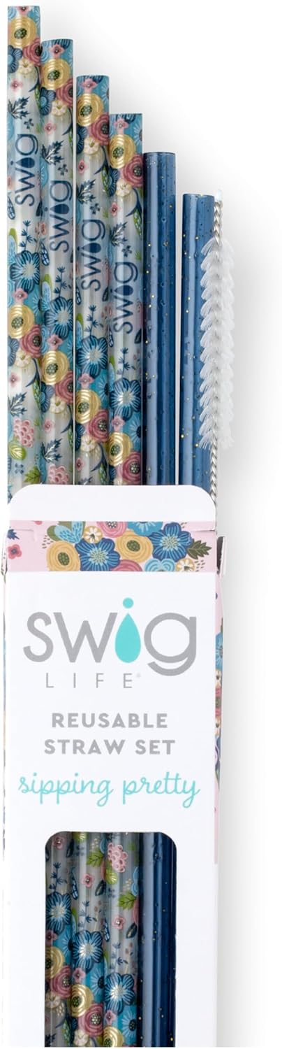 Swig Life Reusable Straws Bella Rosa + Navy Glitter Tall Straw Set & Cleaning Brush, Each Straw is 10.25 inch Long (Fits Swig Life 20oz Tumblers, 22oz, and 32oz Tumblers)
