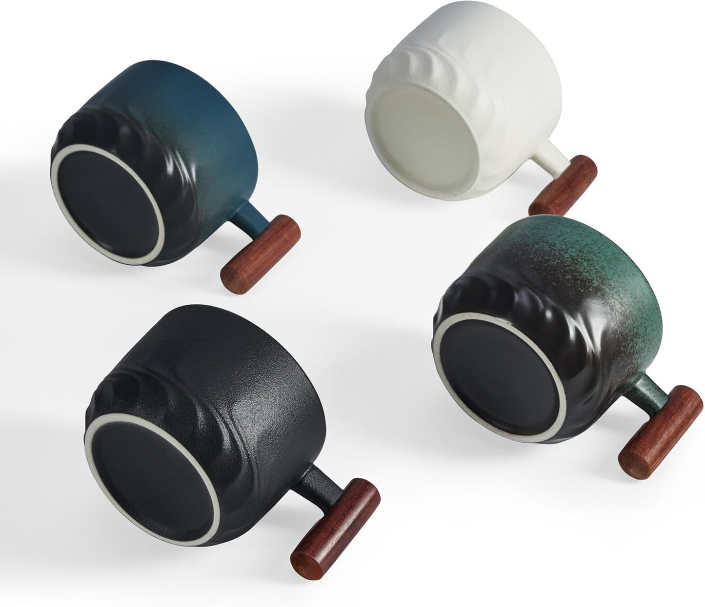 6oz Ceramic Espresso Cups with Wooden Handle, Small Coffee Cups for Latte Cappuccino, Tea Cups Set of 4