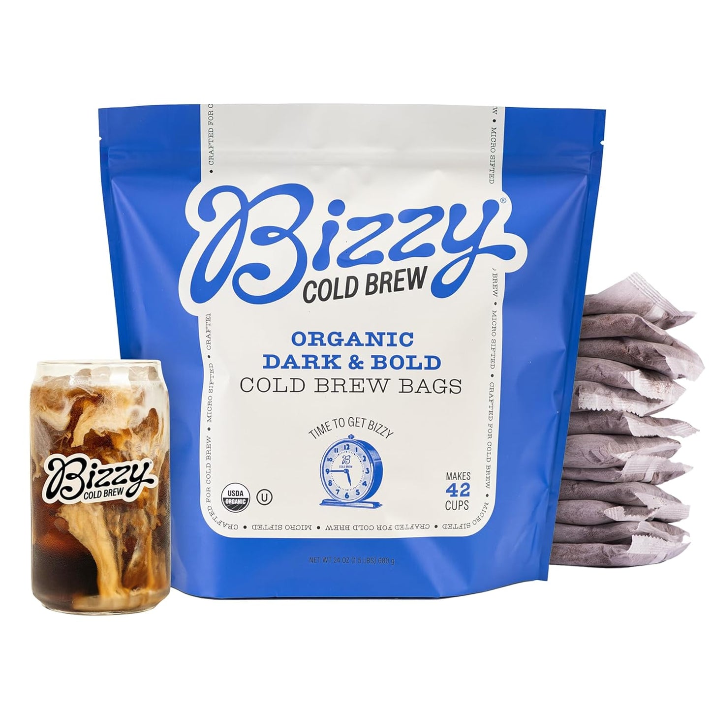 Bizzy Organic Cold Brew Coffee | Dark & Bold Blend | Coarse Ground Coffee | Dark Roast | Micro Sifted | Specialty Grade | 100% Arabica | Brew Bags | 12 Count | Makes 42 Cups