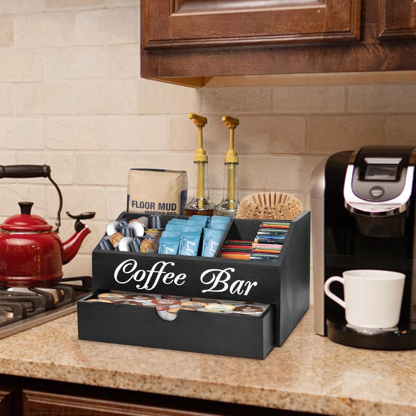Farmhouse Wooden Coffee Bar Organizer - Countertop Station With Drawer, Pods Holder & Storage Basket