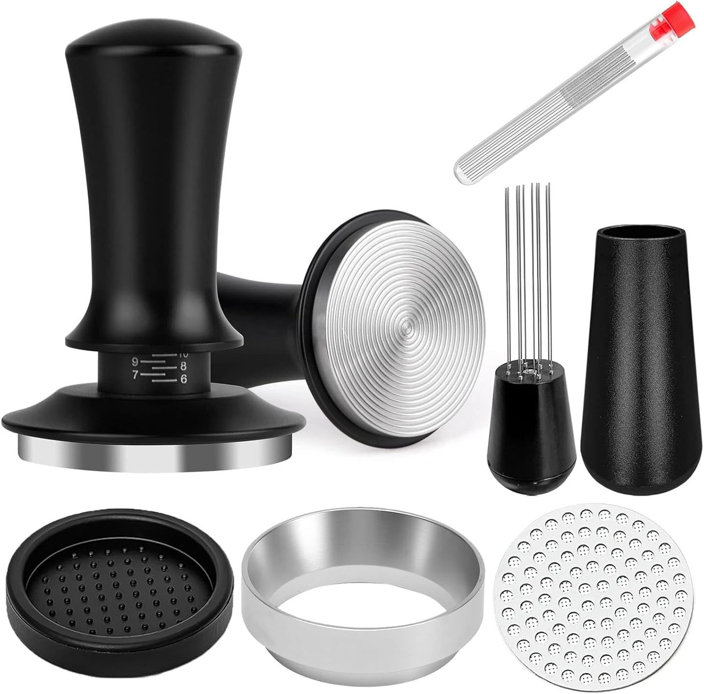 58mm Espresso Accessories Kit, Spring Loaded Calibrated Espresso Tamper, Wdt Tool Espresso and Silicone Tamper Mat,Dosing Funnel, Coffee Puck Screen and 12 Replacement Needles Fit 58mm Portafilters