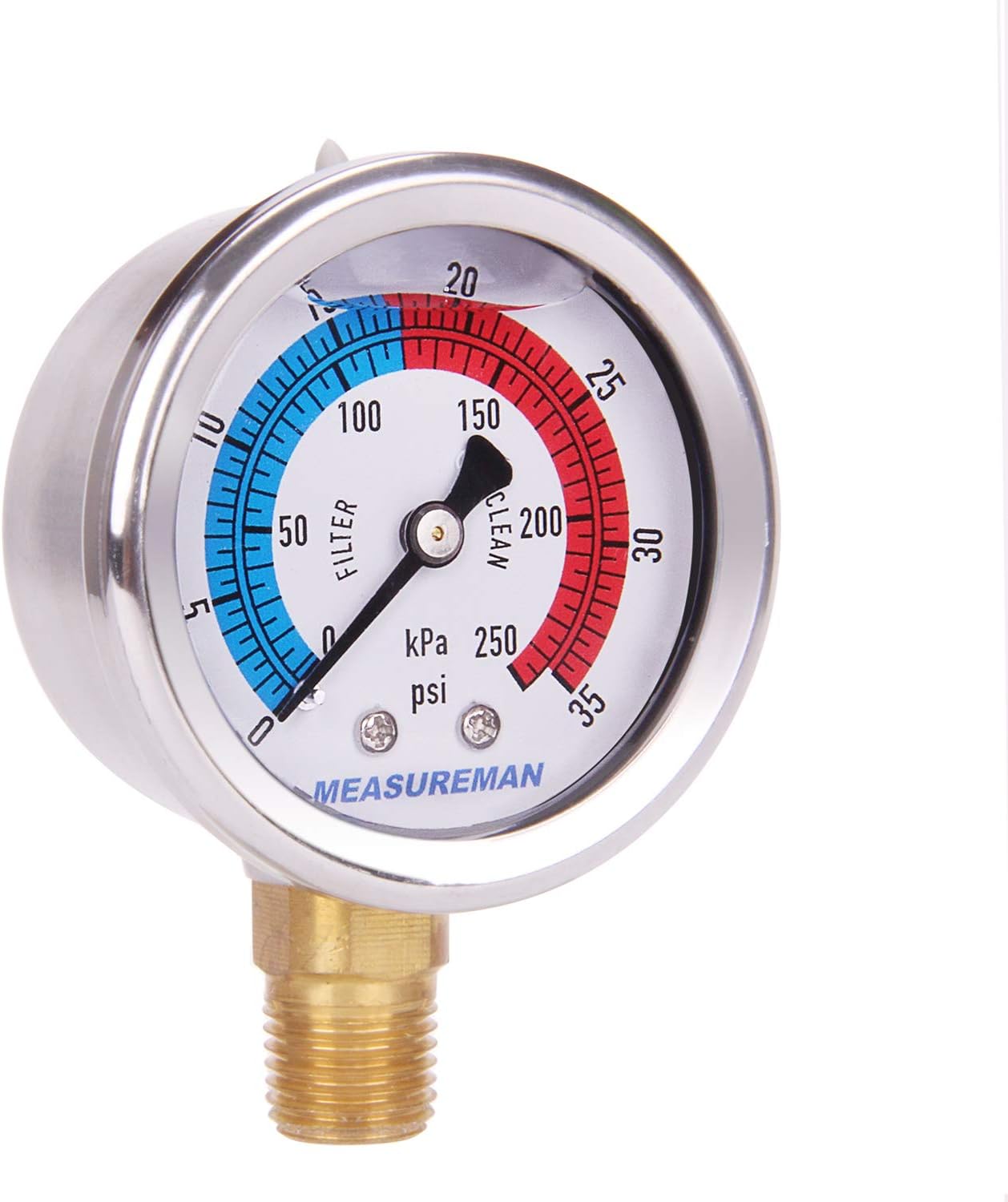 MEASUREMAN 2" Dial Size, Glycerin Filled Pool Filter Pressure Gauge, 304 Stainless Steel Case, 0-35psi/250kpa, 1/4" NPT Lower Mount