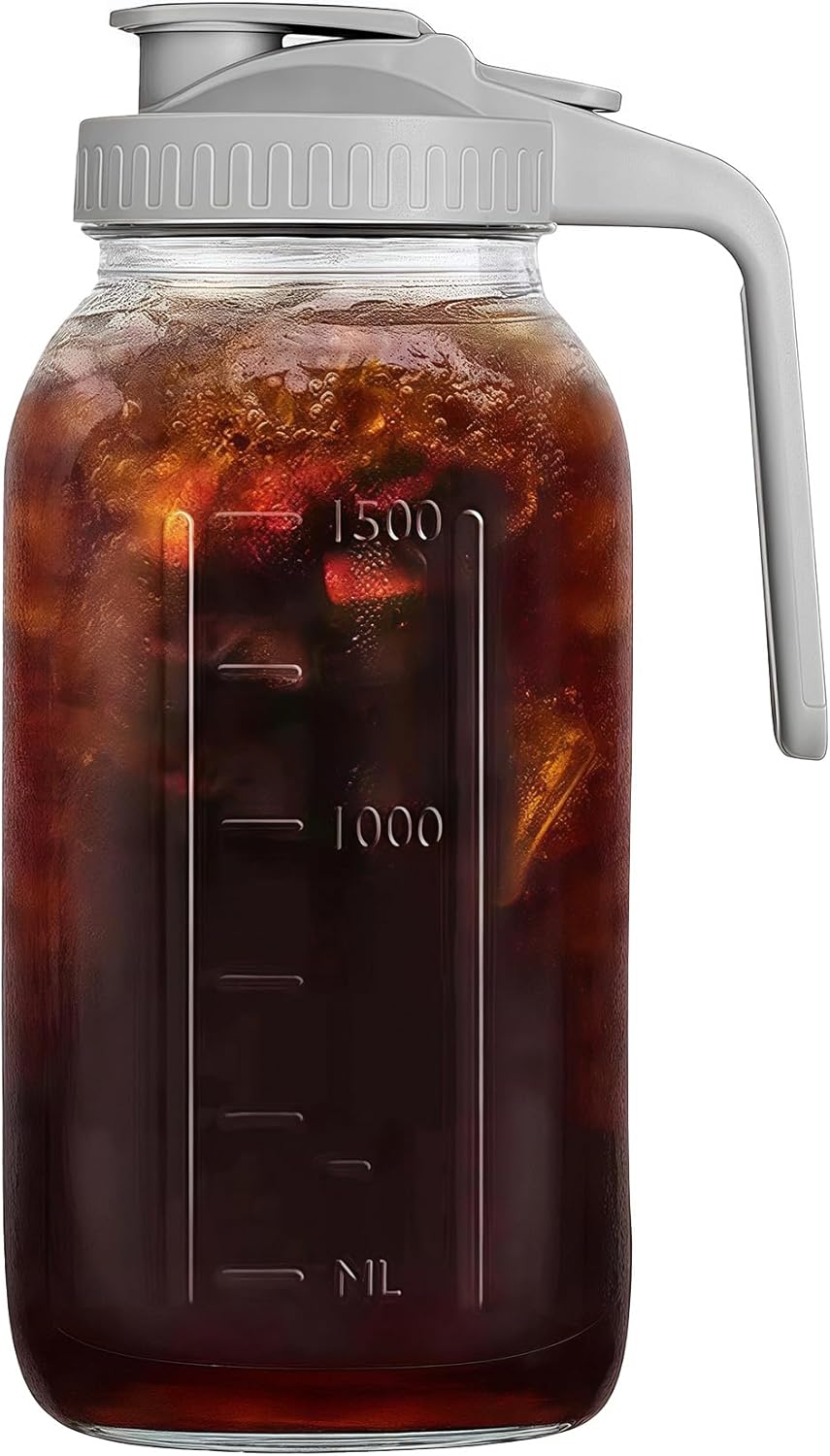 64oz Glass Pitcher with Handle and Lid, 2 Quart Mason Jar Pitcher - Airtight & Leakproof Water Jug with Pour Spout Lid, Glass Containers for Fridge, Perfect for Juice, Cold Brew, Iced & Sun Tea