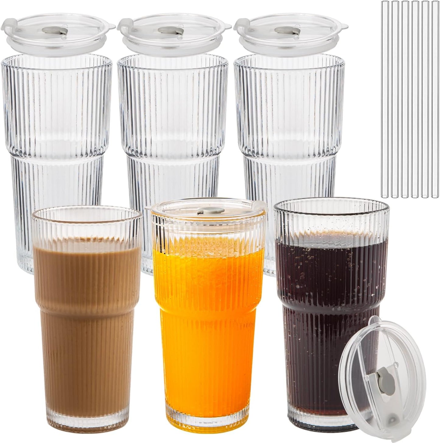 20oz Ribbed Glass Cups with Lids and Straws 2 Set, Vintage Glassware for Whiskey Cocktail Beer, Glass Tumbler, Iced Coffee Cups For Cold Drinks, Smoothie, Juice,Drinking (6)
