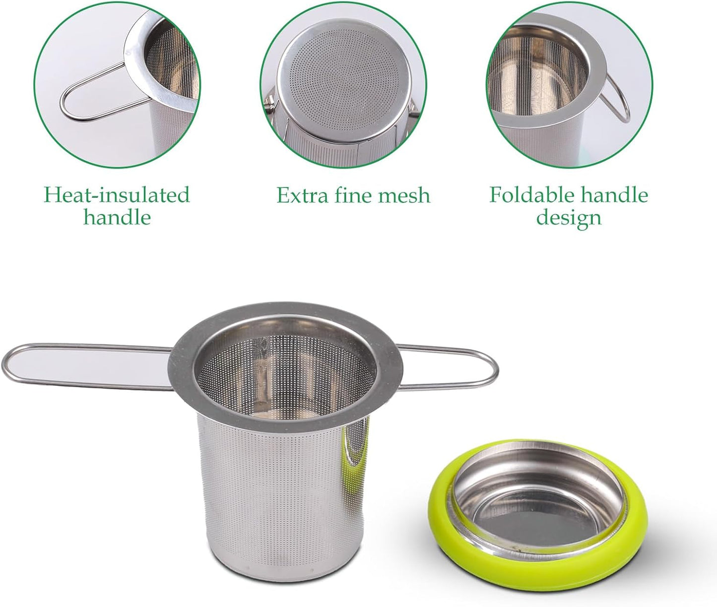 Fenshine Tea Infuser Stainless Steel Tea Strainer Folding Handle Tea Filter Extra Fine Mesh Strainer Brewing Basket with Lid for Loose Leaf Tea (Green)