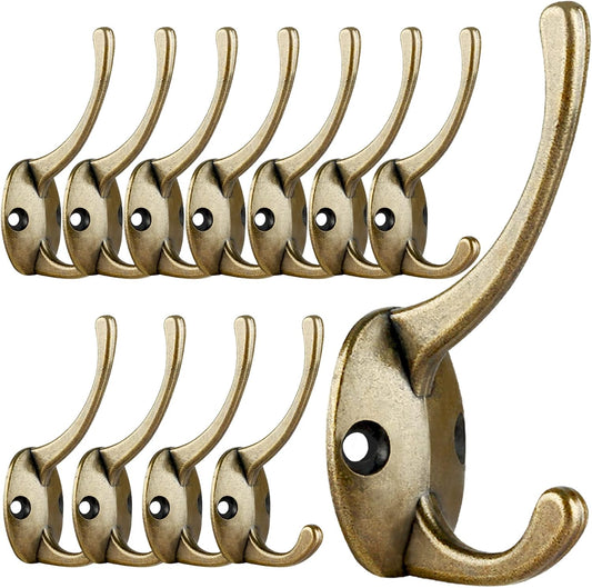 IBosins 12 Pack Antique Brass Coat Hooks Wall Mounted with 24 Screws Retro Double Hooks Utility Antique Brass Hooks for Coat, Scarf, Bag, Towel, Key, Cap, Cup, Hat