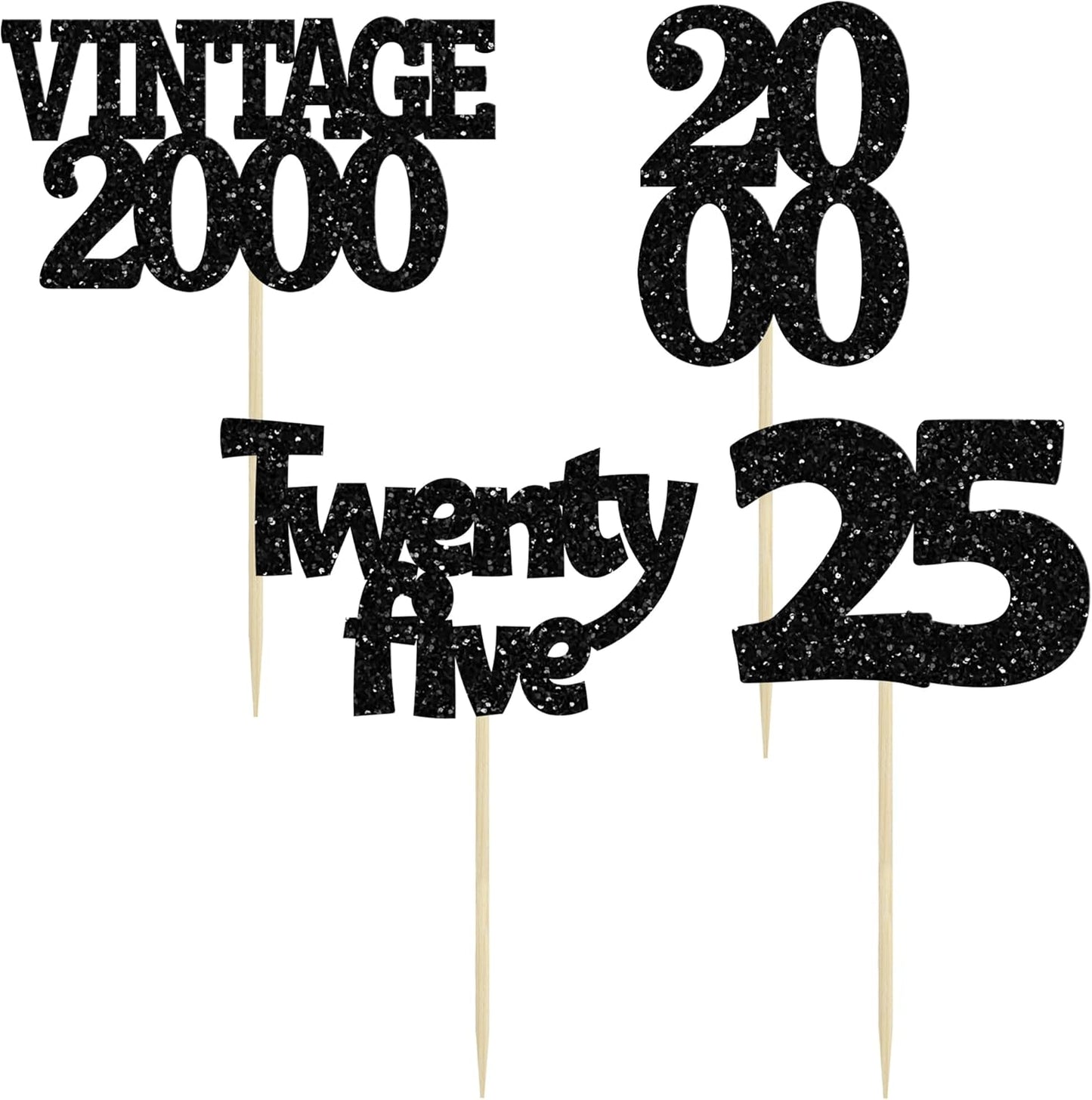 Gyufise 24Pcs 25th Birthday Cupcake Toppers Glitter Twenty-five Vintage 2000 Cheers to 25 Cupcake Picks Hello 25 Years Birthday Cake Decoration for Happy 25th Birthday Anniversary Party Supplies Black