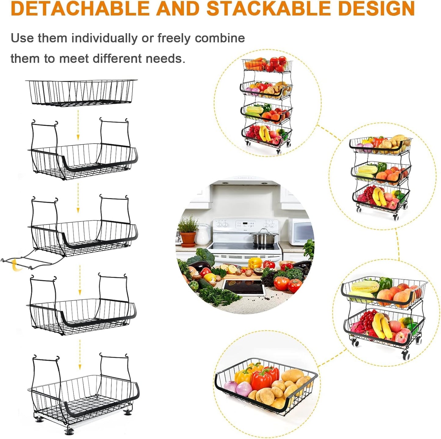 Fruit Vegetable Storage Basket, 5 Tier Stackable Metal Wire Storage Baskets with Wheels, Fruit Vegetable Produce Basket Organizer Bins for Kitchen, Pantry, Bathroom