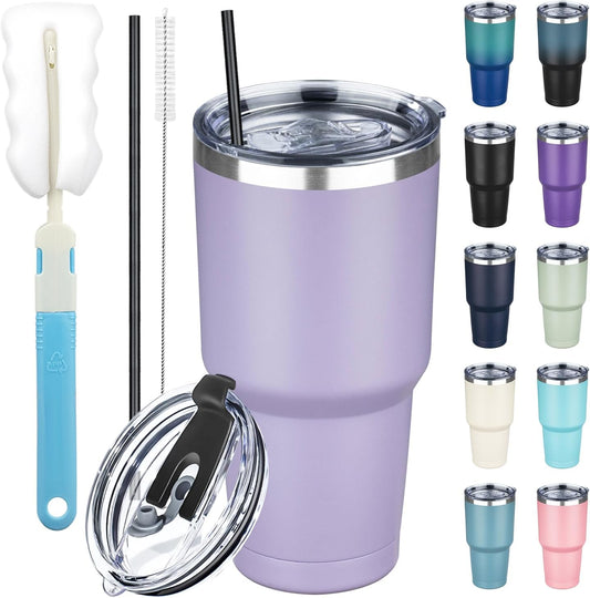 30 oz Tumbler with Lids and Straws, Stainless Steel Insulated Coffee Tumbler, Double Wall Vacuum Insulated Travel Mug Cup, Leakproof Thermal Coffee Cup for Hot and Cold Drinks (Light Purple)