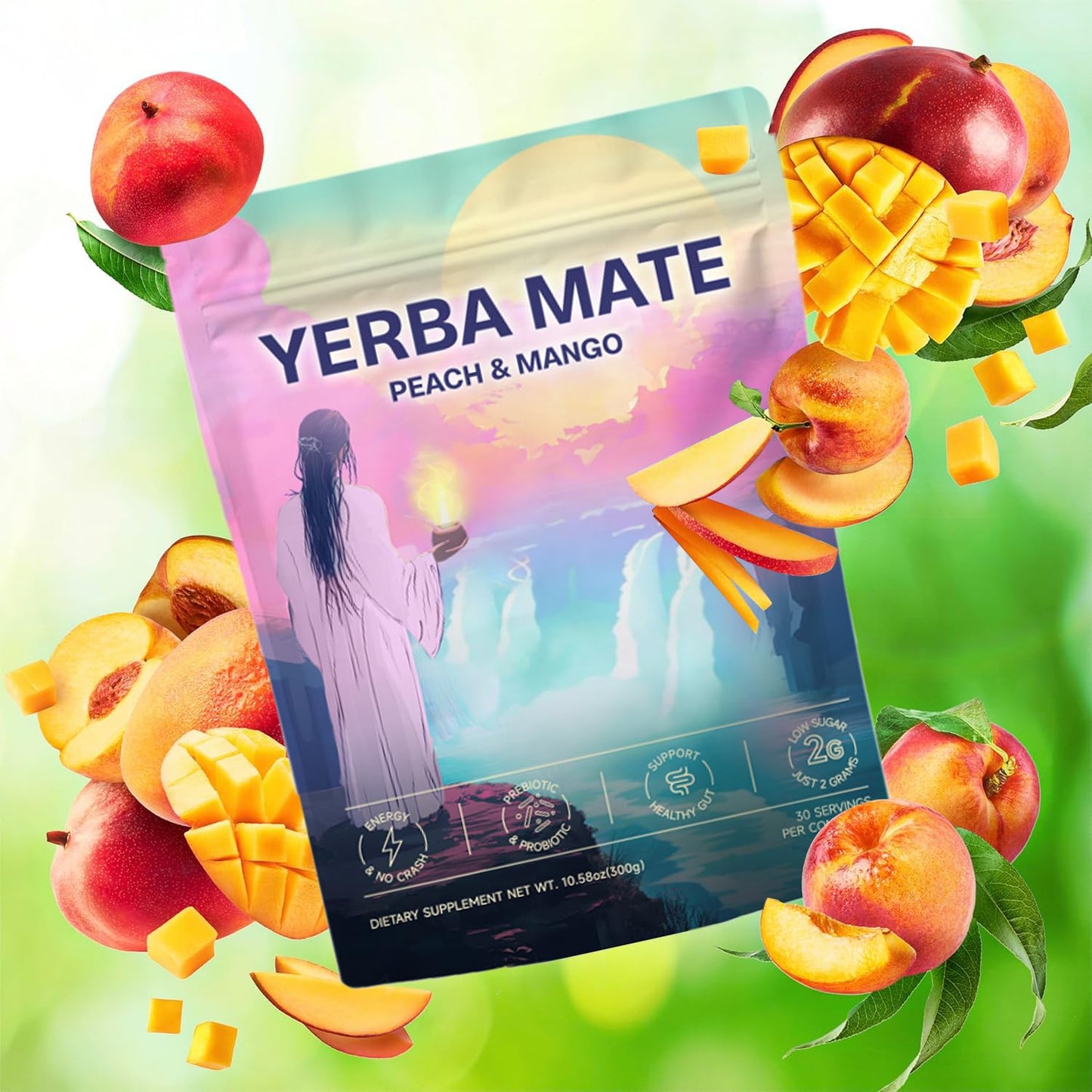 Yerba Mate Peach Mango Tea Powder Low Sugar Content Clean Energy with No Crash Stay Refreshed for Health Enthusiasts 30 Servings