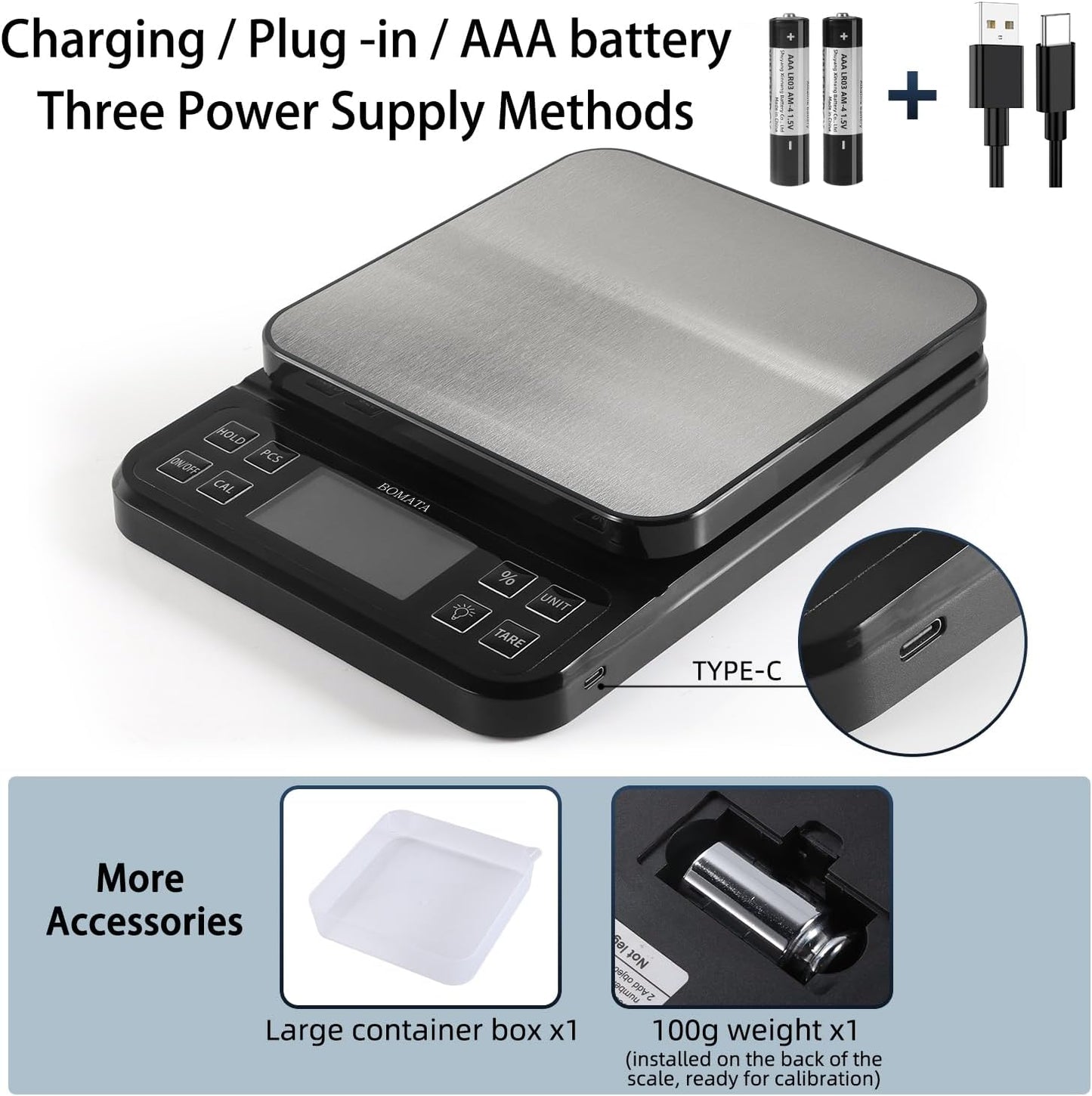 BOMATA Large Kitchen Scale with 0.1g/0.001oz High Precision, 5kg/11lb Bakery Scale with% Percentage Function, USB Rechargeable, Full-View Angle LCD with Backlight, Stainless Steel Pan