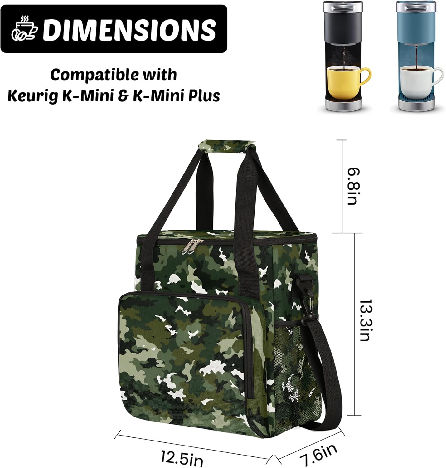Camouflage Green Coffee Maker Carring Bag for Keurig K-Mini or K-Mini Plus, Single Serve Coffee Brewer Carrying Case with Multiple Pockets for K-Cup Pods,Storage mini Tote Case for Travel(Bag Only)