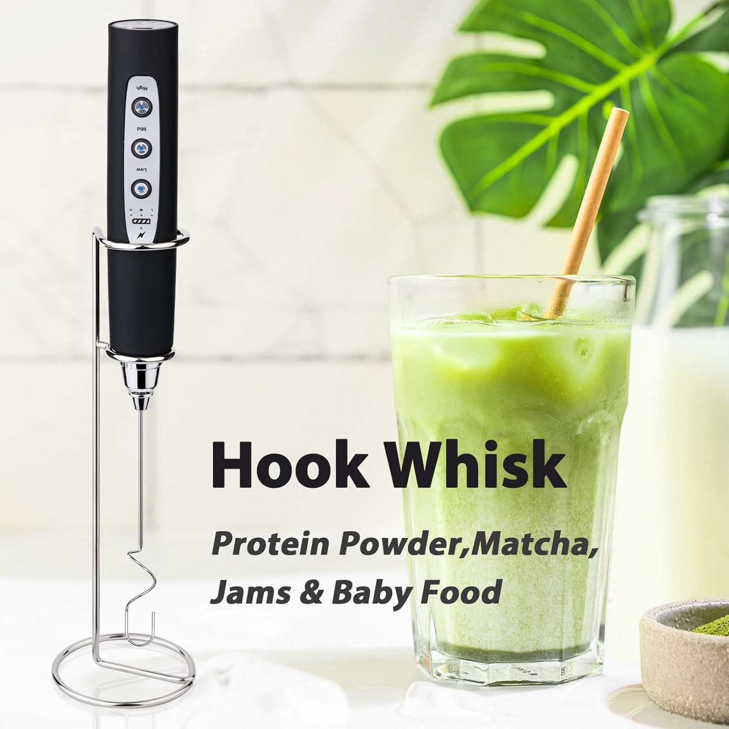 Milk Frother with Stand Rechargeable-Handheld Coffee Frother with 3 Stainless Whisks 3 Speed Adjustable, Electric Whisk Drink Mixer, Foam Maker Blender for Matcha Latte Cappuccino Chocolate