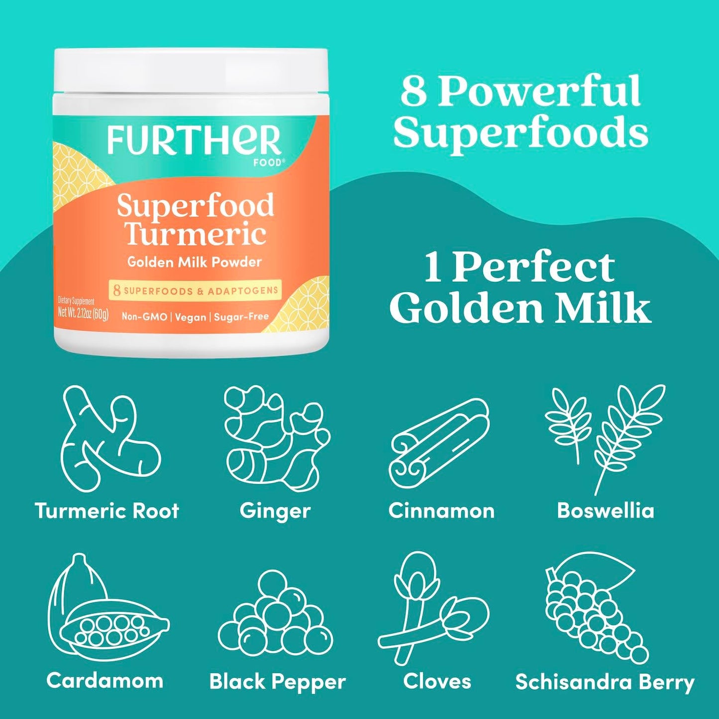 Further Food Best Turmeric Golden Milk Organic Turmeric Powder, Cinnamon, Ginger & Black Pepper Maximum Absorption Joint Health, Gut Health, Sugar-Free, Vegan, Keto (6.35 oz)