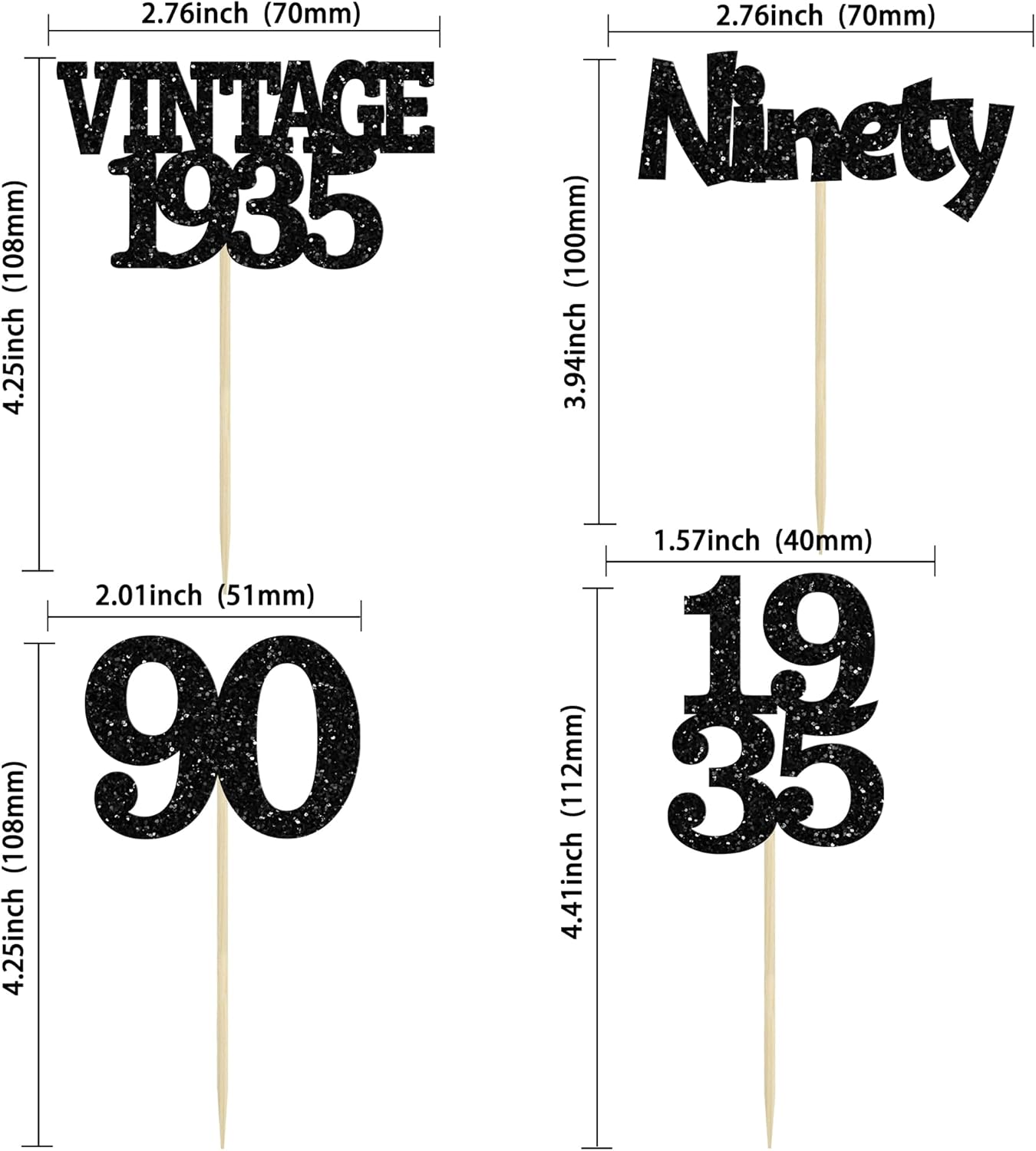 Gyufise 24Pcs Vintage 1935 Cupcake Toppers Glitter Cheers to 90 Fabulous Ninety Cupcake Picks 90th Birthday Wedding Anniversary Party Cake Decorations Supplies Black