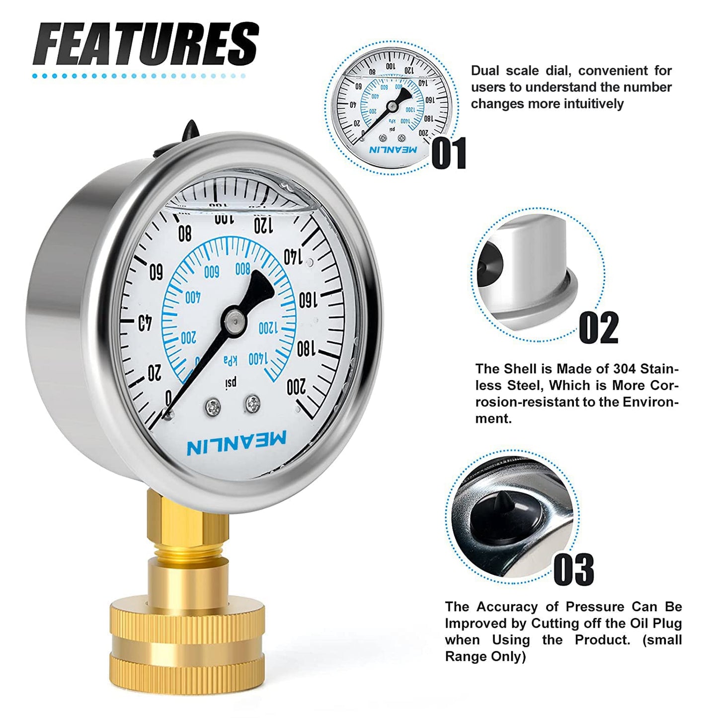 MEANLIN MEASURE 0~200Psi Stainless Steel Frame 3/4" Female 2.5" FACE DIAL Liquid Filled Pressure Gauge WOG Water Oil Air Water Pressure Test Table with Sealing Ring