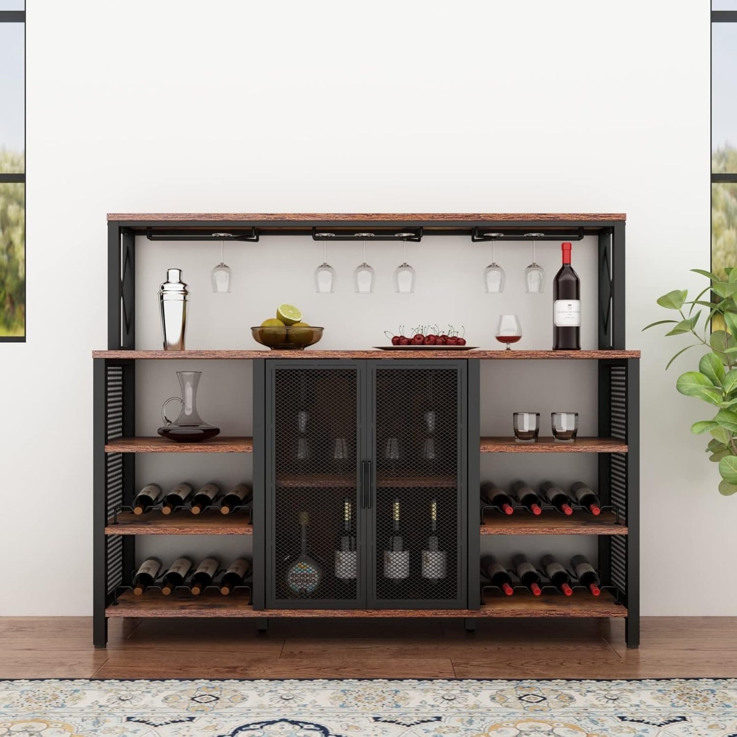 Bar Cabinet, 55 Inches Kitchen Sideboard Buffet Cabinet with Wine Rack Storage, Industry Coffee Bar Cabinet with Wine Rack and Glass Holder for Liquor and Glasses (Rustic)