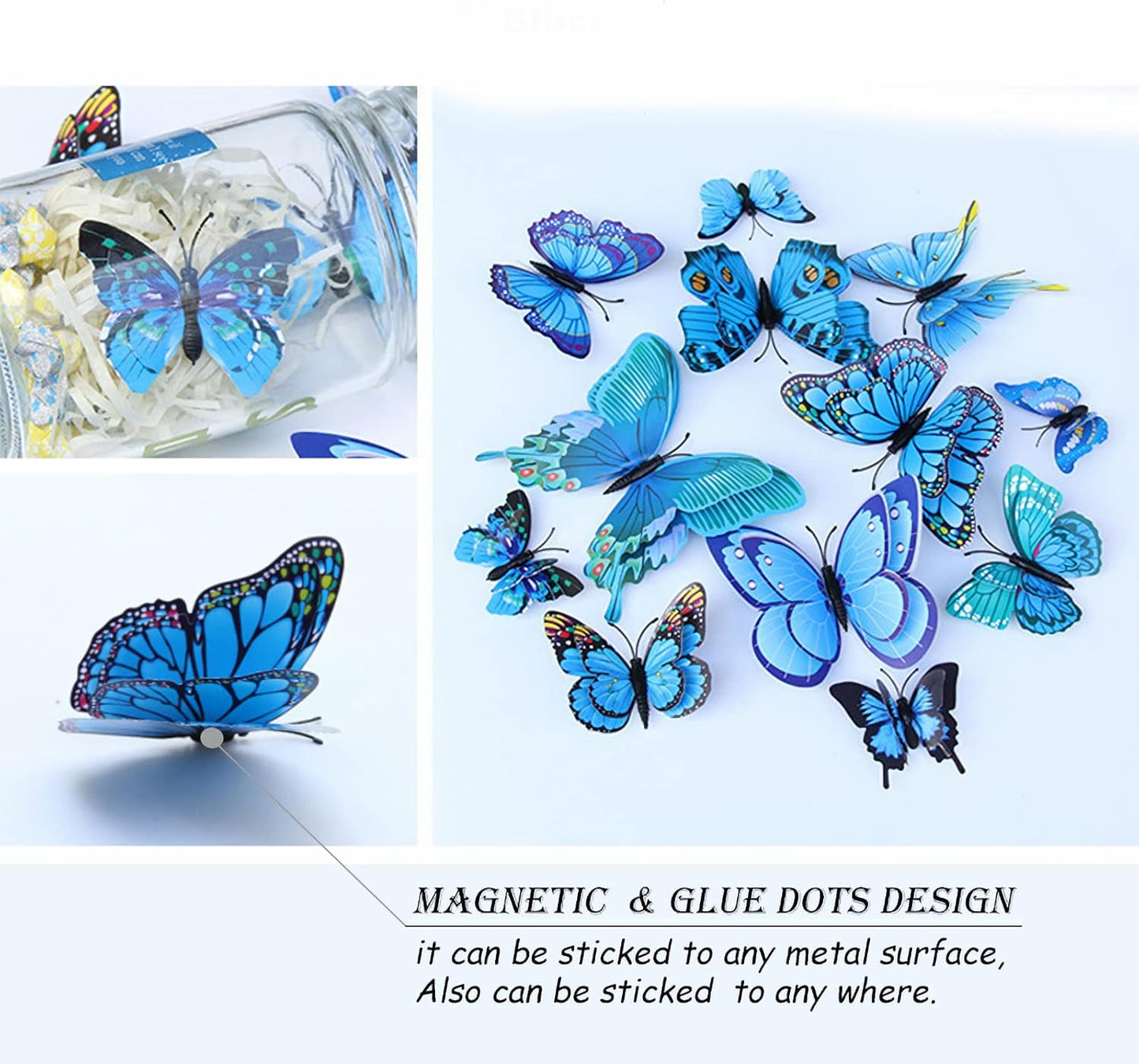 Butterfly Wall Decor 24/48 PCS, 3D Butterflies Stickers for Party Decorations with Magnets(Blue, 24)