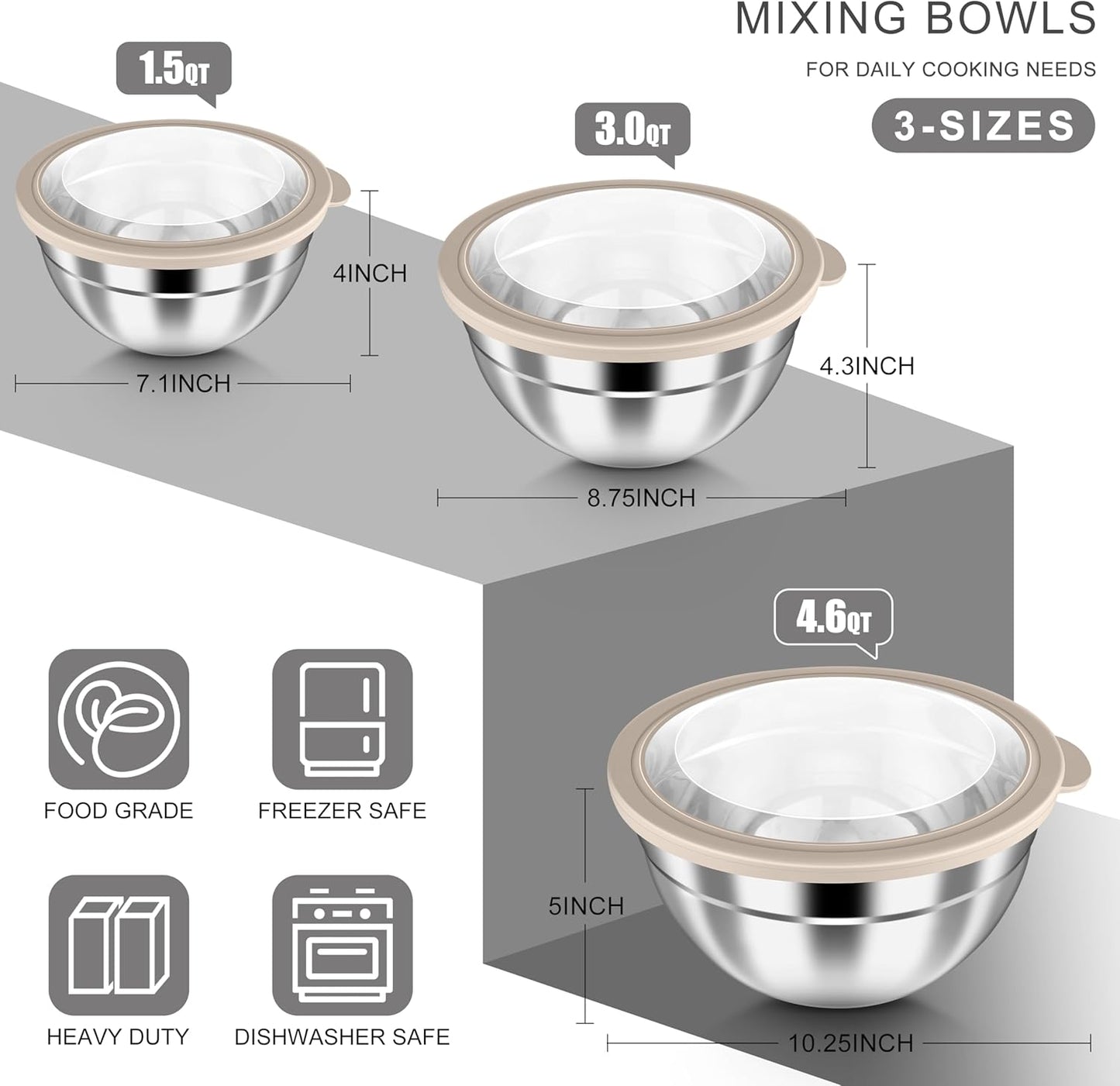 HaWare Mixing Bowls with Airtight Clear Lids, 6-Piece Stainless Steel Strong Nesting Bowls Set, Metal Salad Bowl for Cooking, Prepping, Baking, Serving & Food Storage, Size 4.6, 3, 1.5QT, Khaki