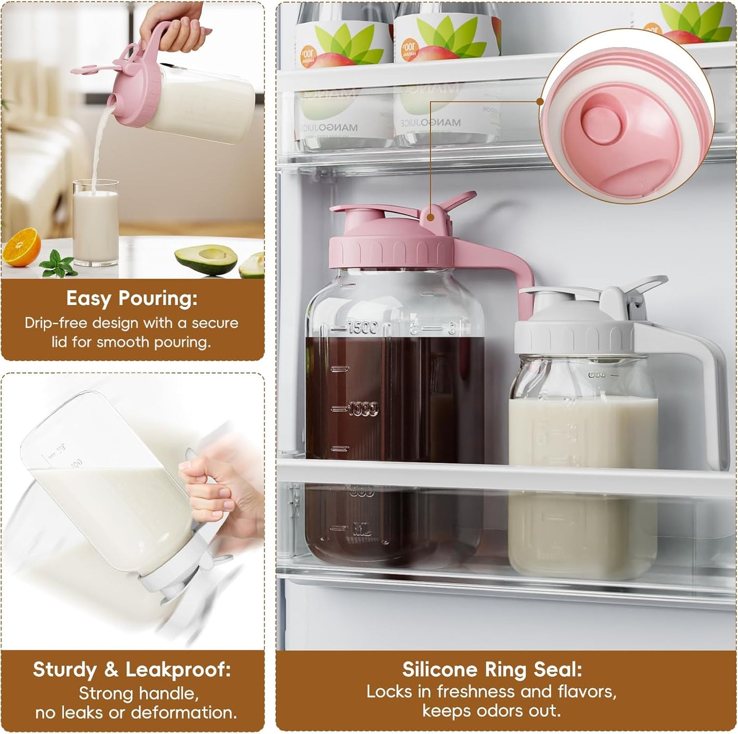 Glass Mason Jar Pitcher, 64 oz Wide Mouth Jug with Pour Spout Handle Lid for Cold Brew Coffee, Ice Beverage, Iced Juice, Lemonade, Sun Tea, Fruit Drinks Container（Pink）