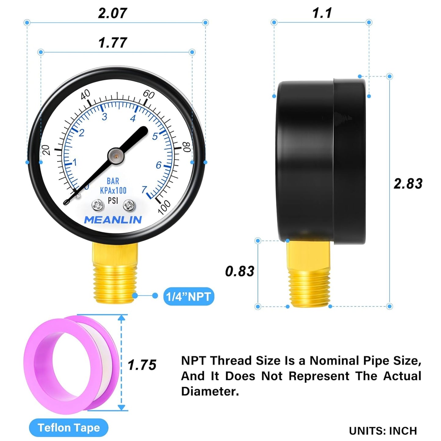 MEANLIN MEASURE 0-100Psi Well Pump Pressure Gauge 2" FACE DIAL 1/4" NPT for Well Pump Water Tire Water Pressure Tester Lower Mount, with Teflon Tape