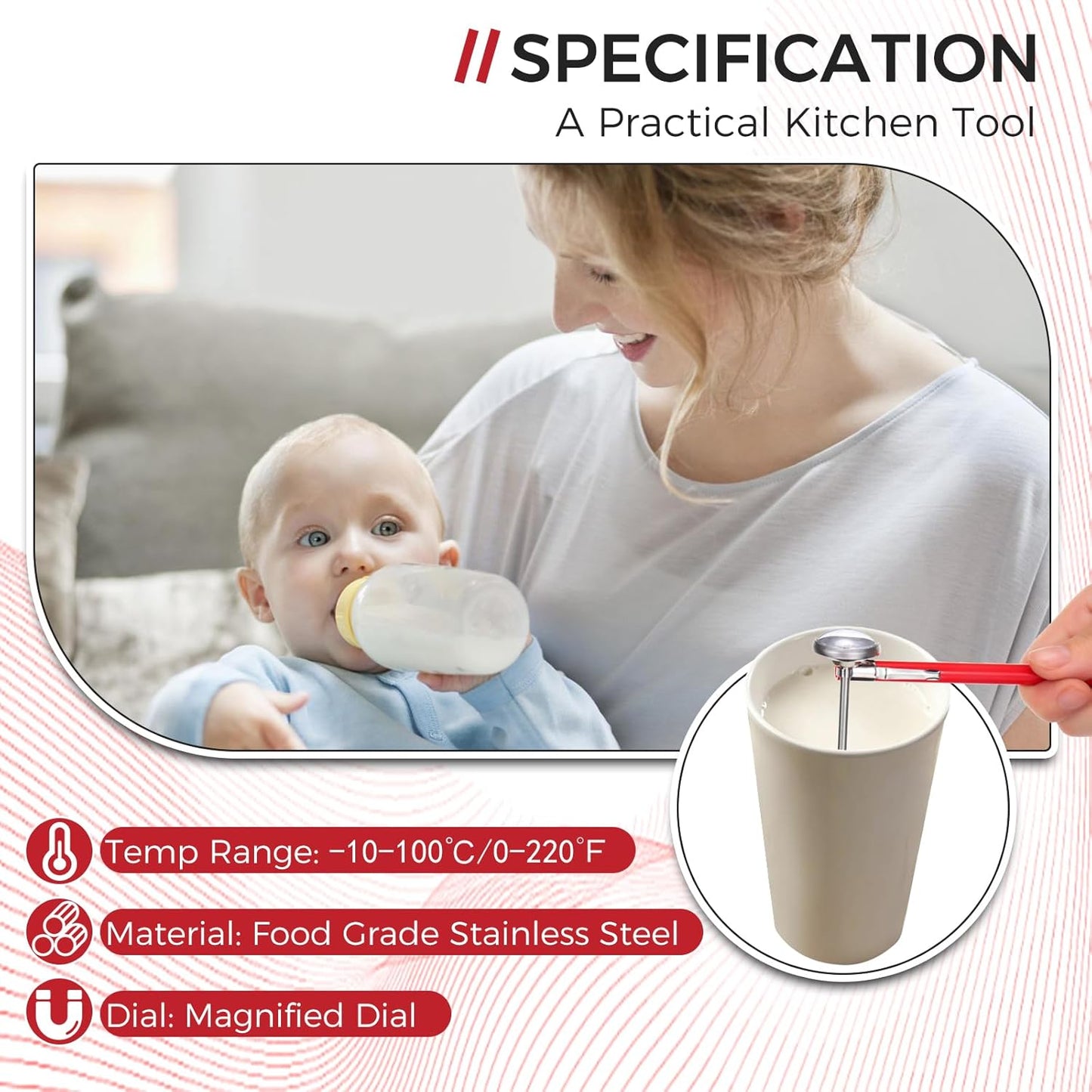 6 Pack Immediate Read Pocket Thermometer, 1 Inch Stainless Steel Dial Food Thermometer with 6 PCS Red Plastic Sleeves of Thermometers and 6 PCS Clips for Coffee Drinks Chocolate Milk Foam