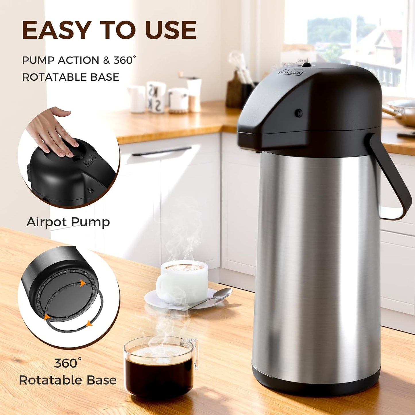 Coffee Carafe for Keeping Hot - 102OZ / 3L Airpot Coffee Dispenser with Pump - Large Coffee Thermos for Hot Drinks Tea Liquid - Insulated Stainless Steel Hot Water Beverage Dispenser Urn for Parties