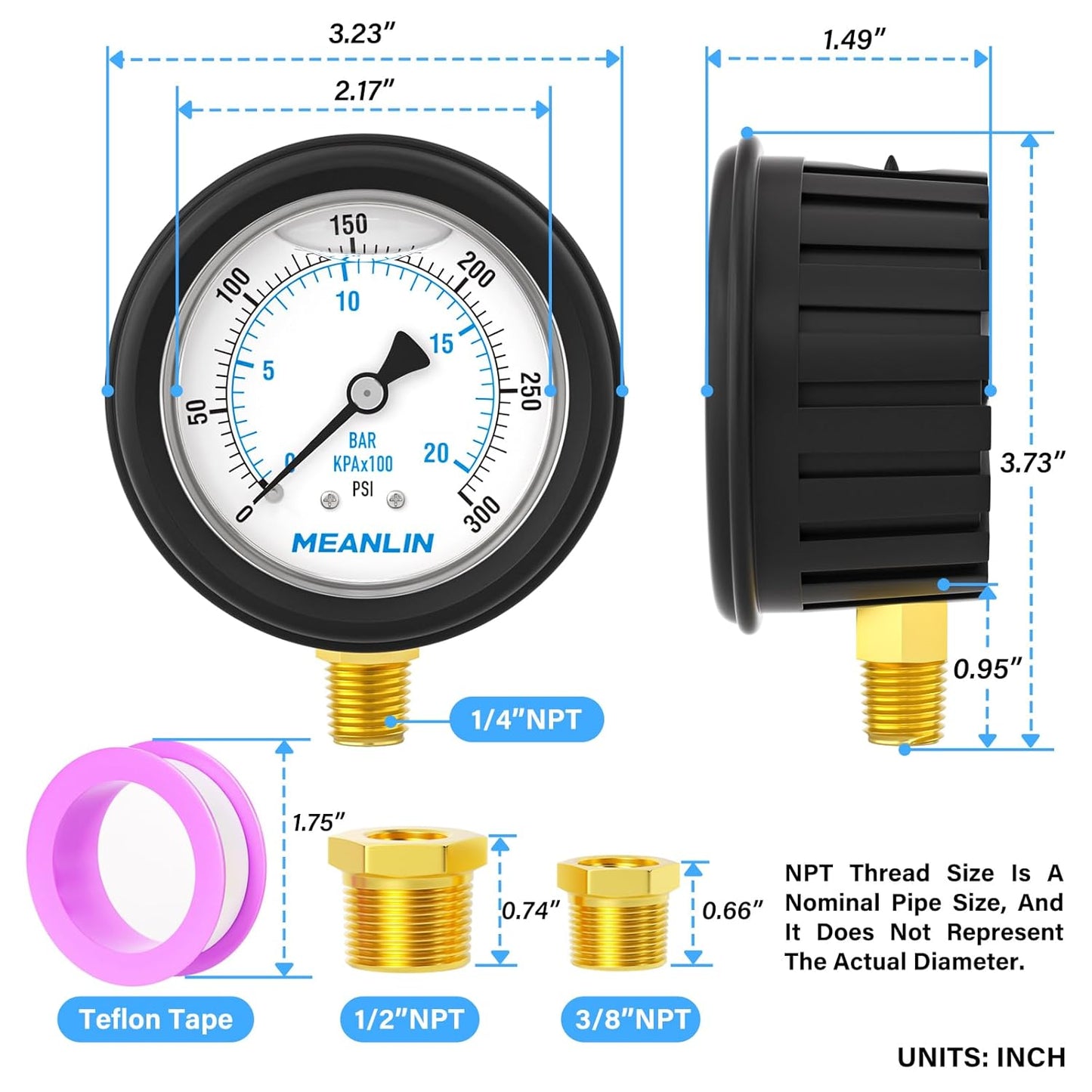 MEANLIN MEASURE 0~300Psi Stainless Steel 1/4" NPT 2.5" FACE DIAL Liquid Filled Pressure Gauge, Lower Mount (with Rubber Protective Sleeve), with 1/2" NPT and 3/8" NPT Hex Bushing