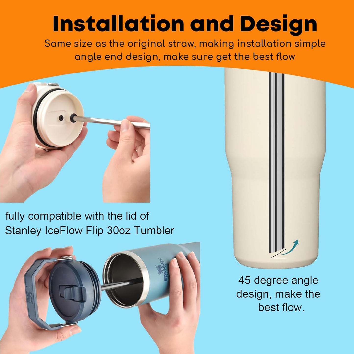 ALINK Stainless Steel Straws Compatible with Stanley Iceflow 30oz Flip Tumbler, 6 Pack Reusable Metal Straws for Stanley Ice Flow 30oz Cup Lid Only, Plus Straw Cleaner Brush