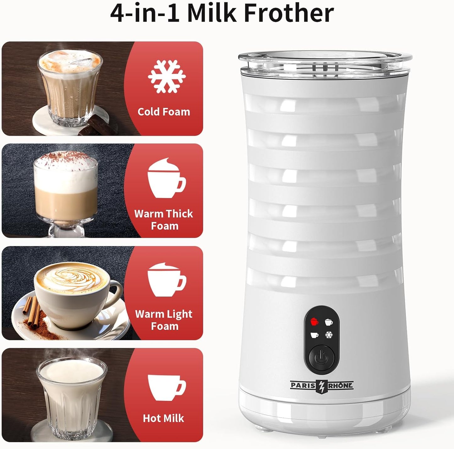Paris Rhône Milk Frother, 4-in-1 Milk Steamer and Frother, Hot & Cold Foam Milk Warmer with Temperature Control, Auto Shut-Off Frothers for Coffee, Latte, Cappuccino, Macchiato