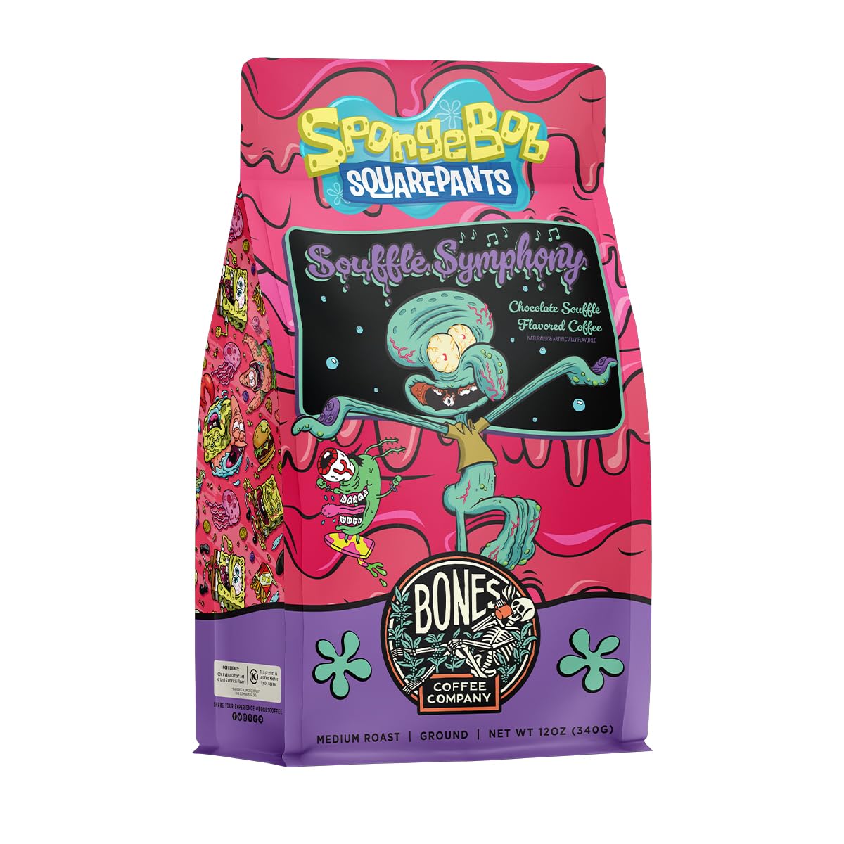 Bones Coffee Company Spongebob Soufflé Symphony, Chocolate Soufflé Flavored Ground Coffee Beans, Low Acid Medium Roast Arabica Beans Flavored Coffee, 12 oz Ground