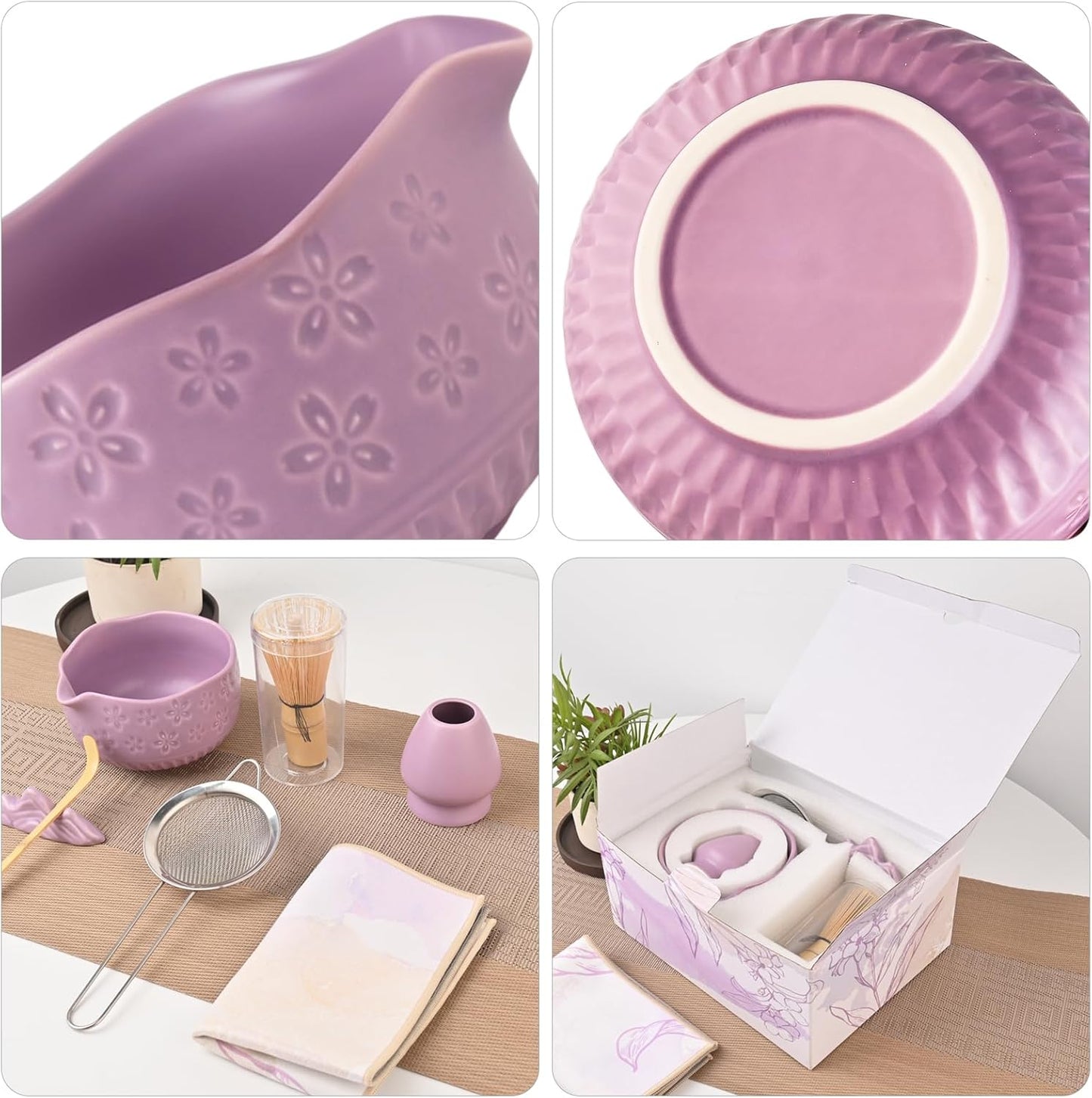 Matcha Whisk Set - Traditional Japanese Handmade Bamboo Matcha Whisk and Holder, Matcha Bowl,Bamboo Scoop, Scoop Rest, Sifter and Tea Towel (Purple)