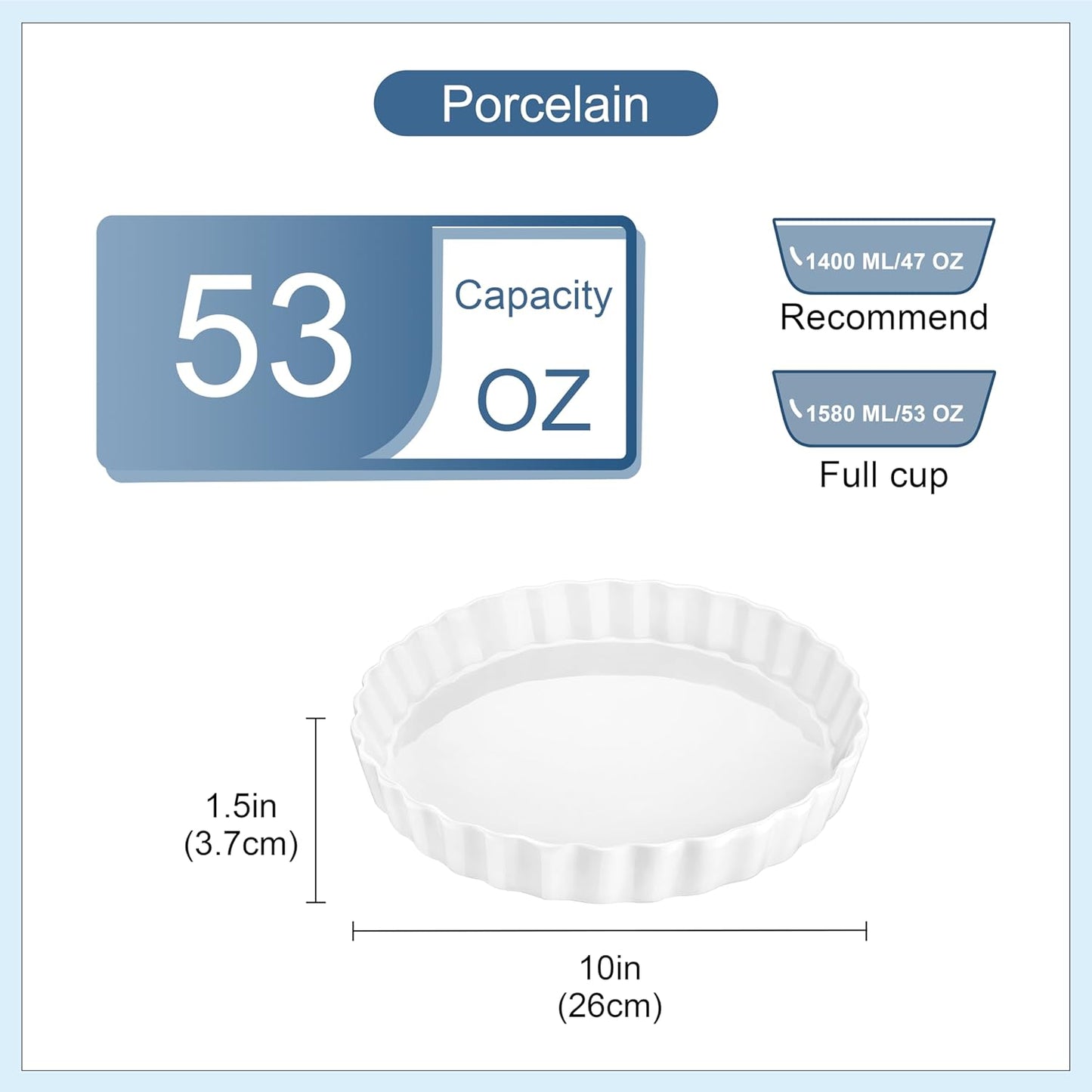 LOVECASA Porcelain Quiche Baking Dish,10 Inch Reusable Pie Pan Quiche Pan, Non-Stick Round Pie Dish, Tart Pan with Ruffled Edge,Pie Pan for Pies | Microwave,Dishwasher,and Oven Safe (White)