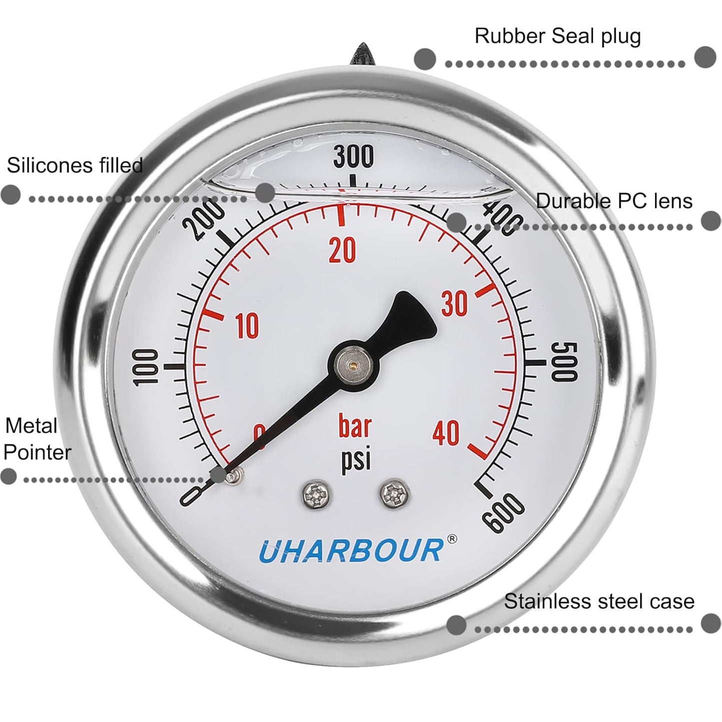 Glycerin Filled Pressure Gauge 600psi/40bar, Stainless Steel case, Brass Inside Construction, 2-1/2" dial, 1/4" NPT Back Connection.……
