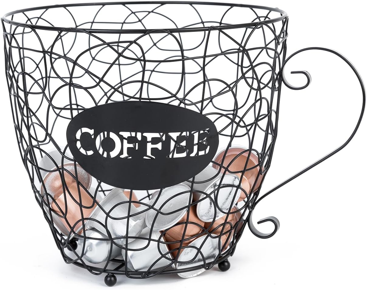 Coffee Pod Holder, Super Large Capacity K-Cup & Nespresso Capsule Basket, XL Metal Kcup Storage, Bar Organizer for Kitchen Dinning Room Office Home Cafe Hotel (Black-Round-Cup)