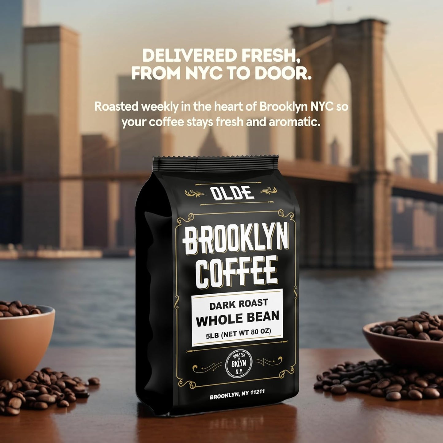 BROOKLYN COFFEE Whole Bean, Classic Dark Roast (5lb) Bold, Smooth Taste, Intense Aroma - Fresh Bulk Coffee Beans Roasted Weekly in NYC