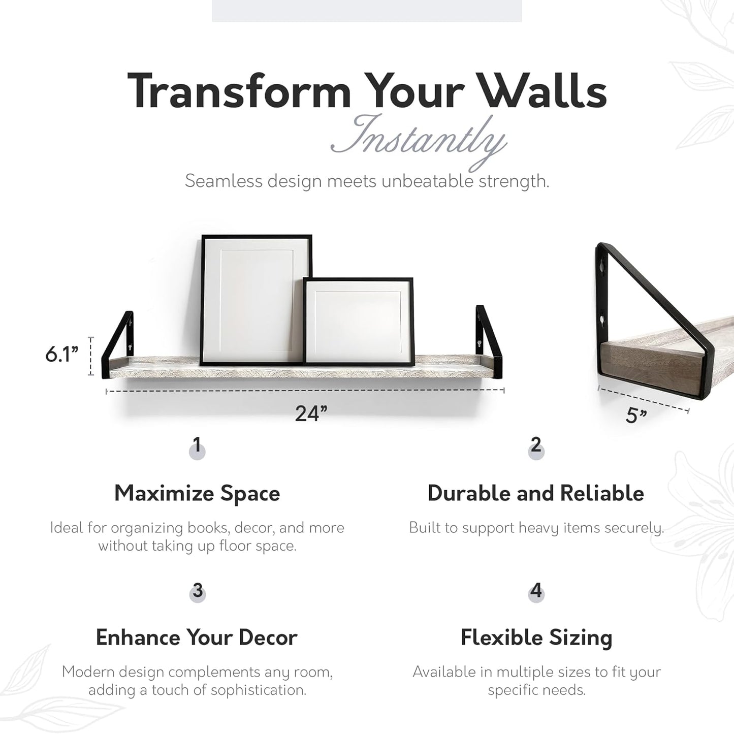 InPlace Shelving, 9602096E, Wall Mounted Real Wood Rustic Bracket Ledge, 24 Inch x 5 Inch x 6.1 Inch, Distressed White